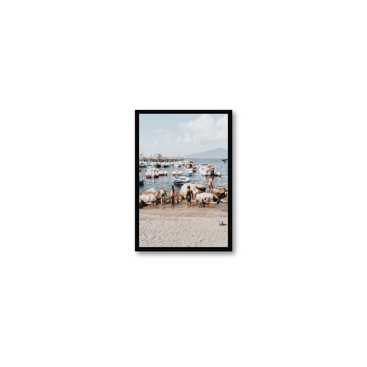 Searching For Treasures Sorrento coastal wall art Small fine art canvas in black float frame