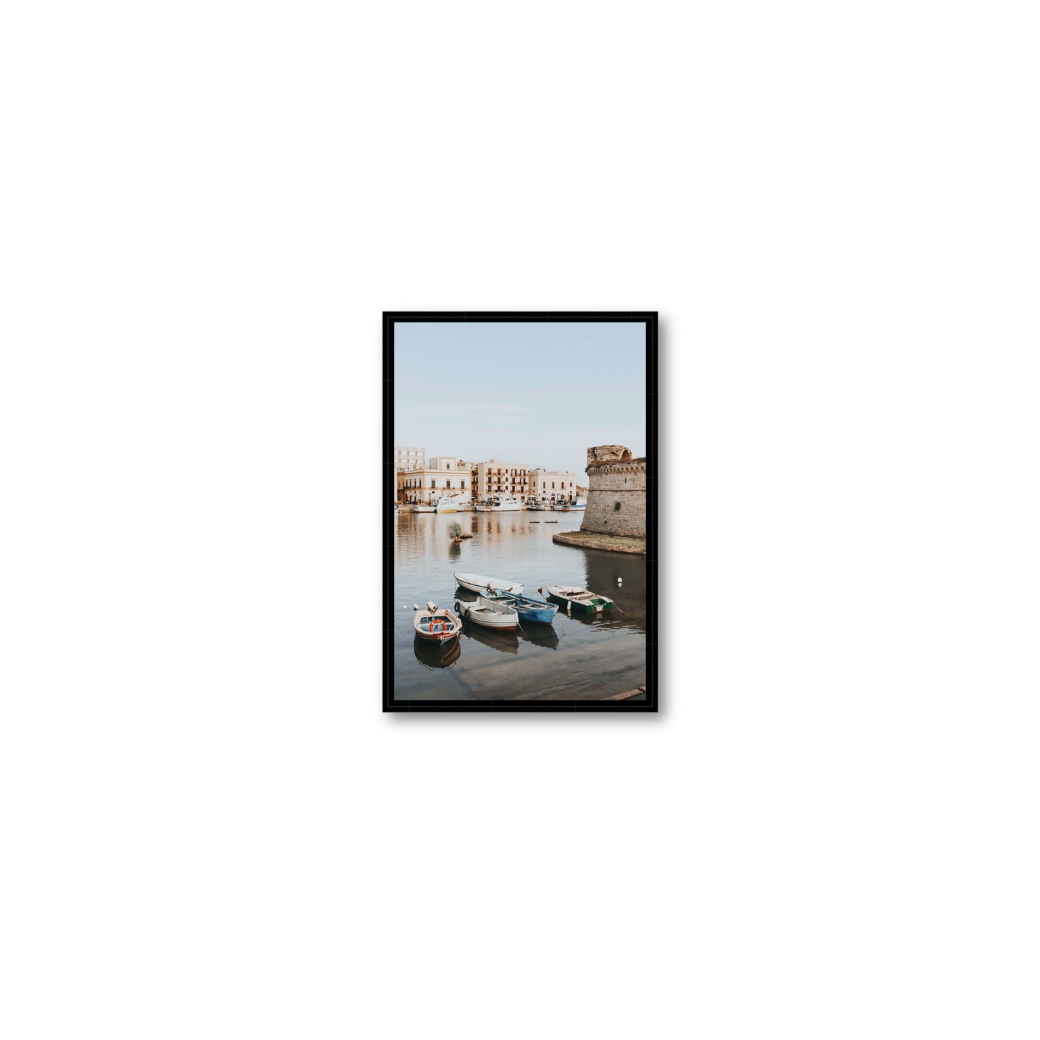 Gallipoli Harbour Puglia coastal wall art Small fine art canvas in black float frame