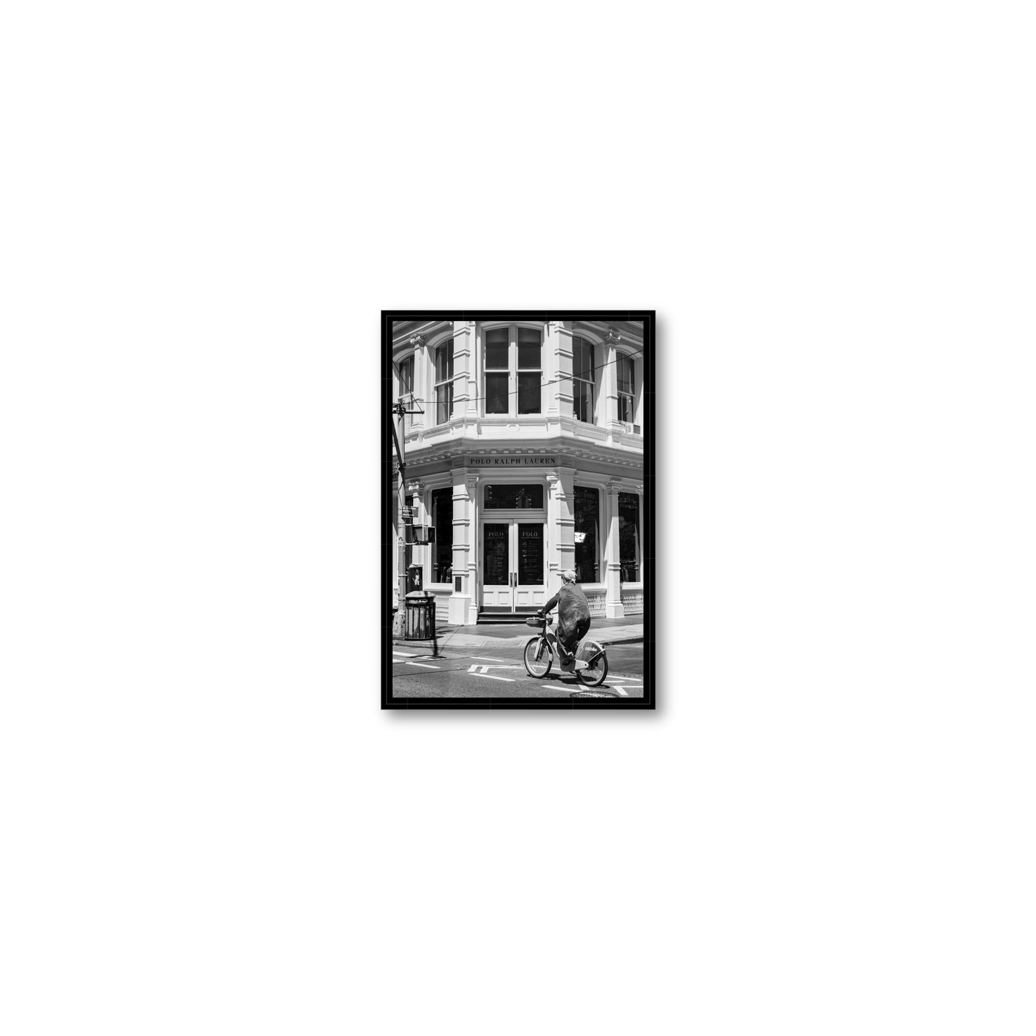 Downtown Rider New York NYC Black & White wall art Small fine art canvas in black float frame