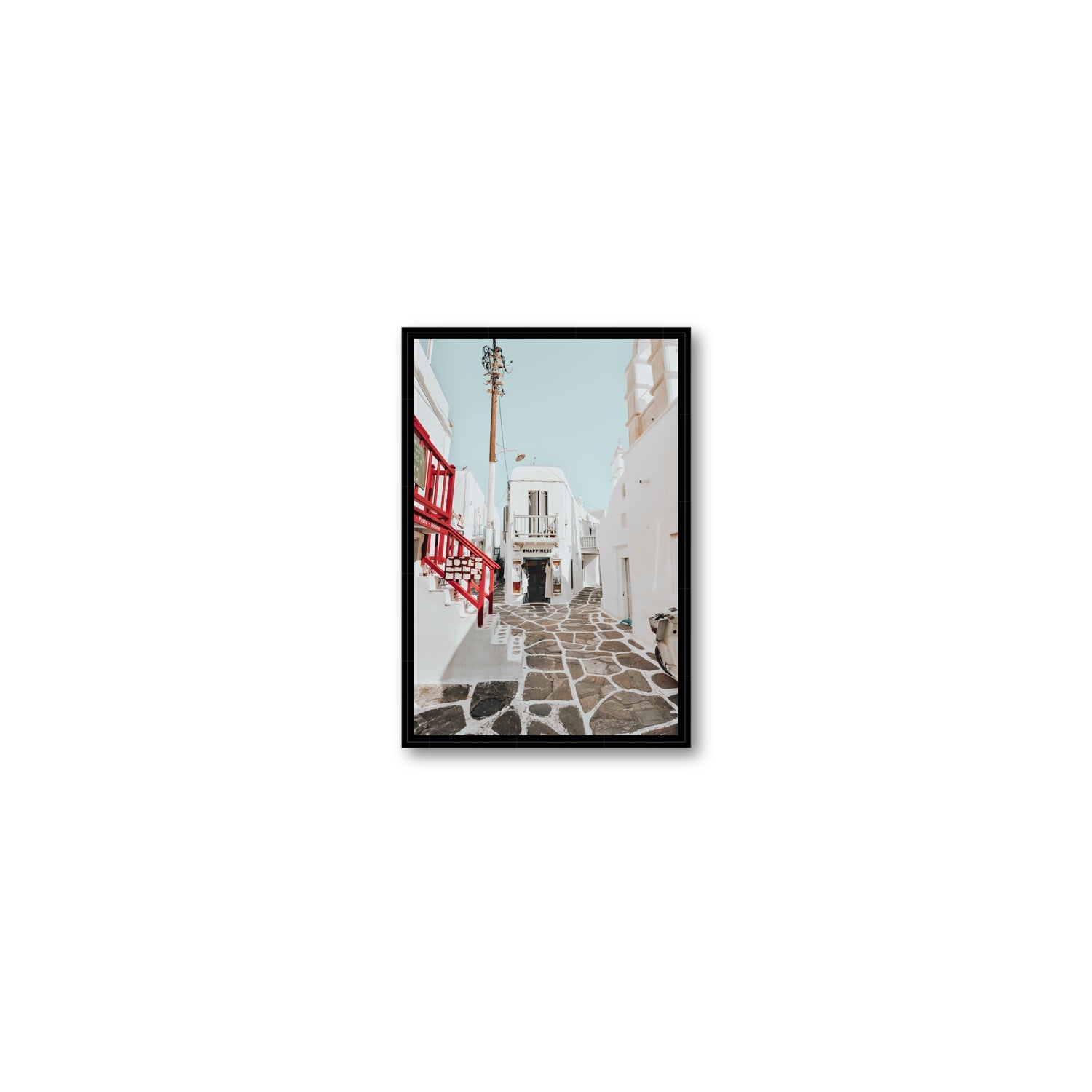 Happiness Mykonos Greek island wall art Small fine art canvas in black float frame