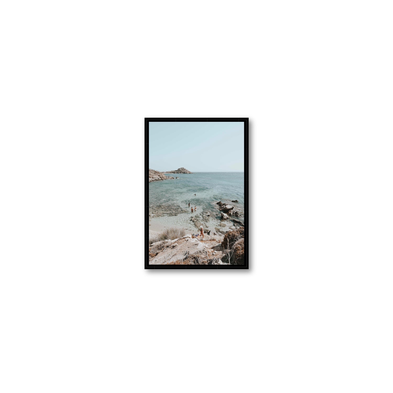 Explorers Mykonos Greek island wall art Small fine art canvas in black float frame
