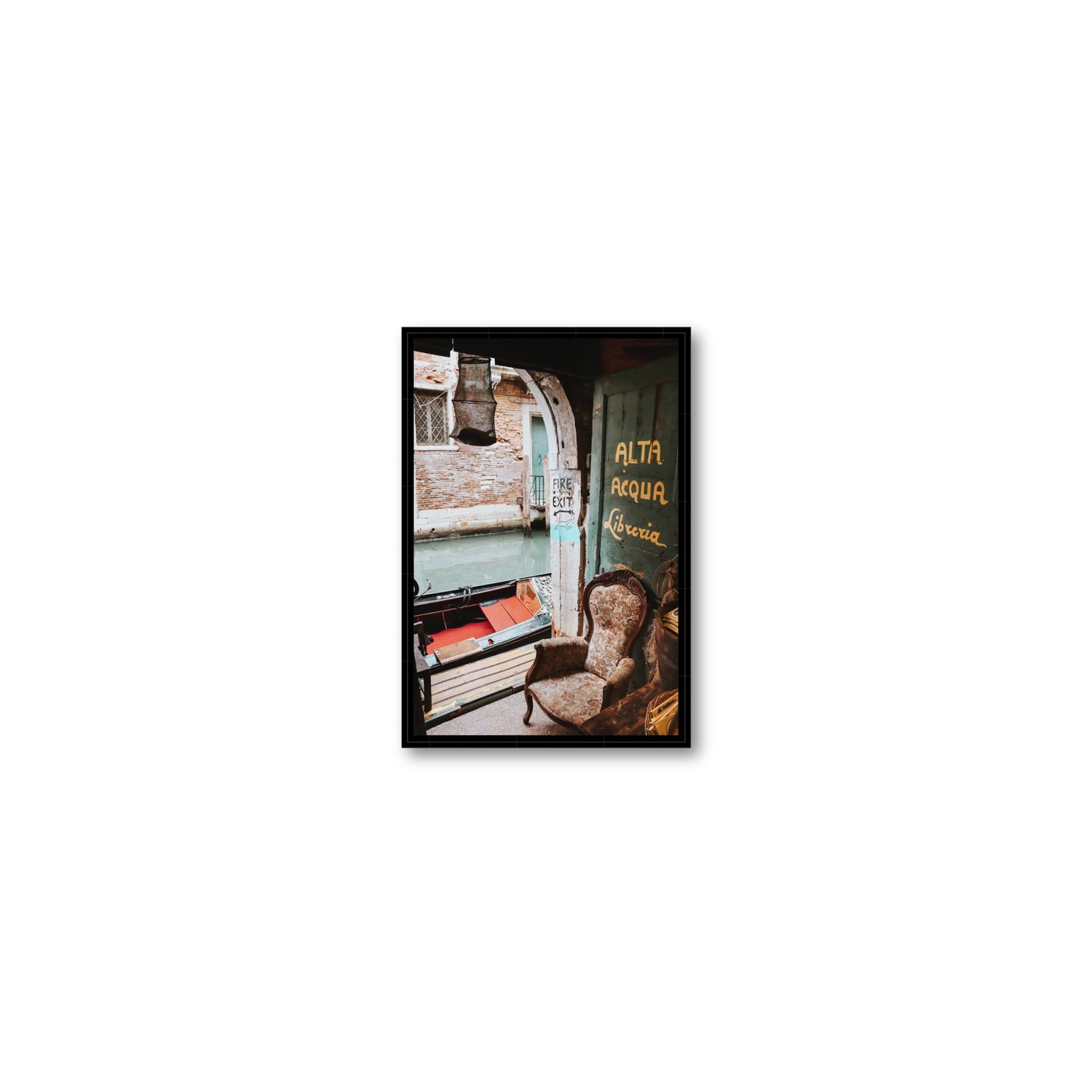 Alta Acqua Venice Bookstore wall art Small fine art canvas in black float frame