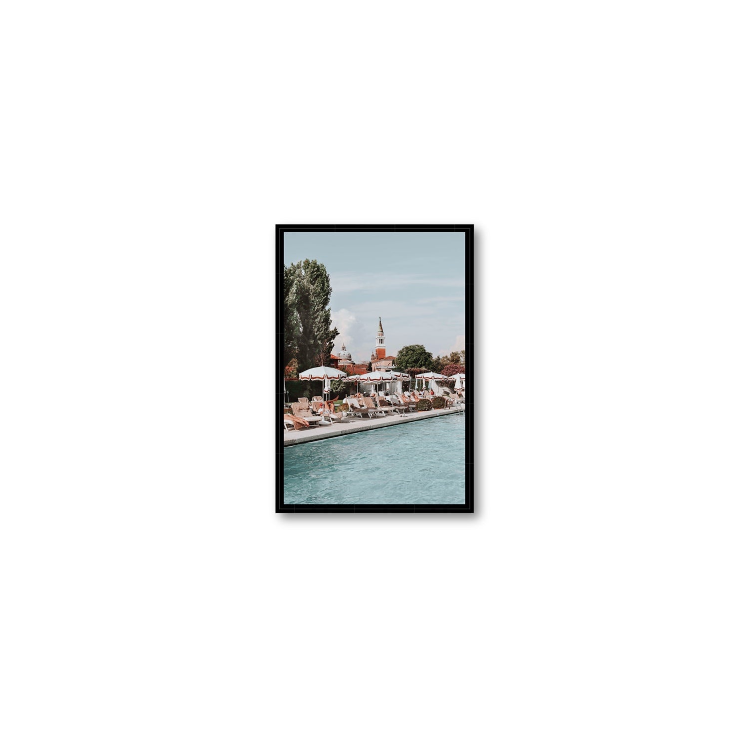 Poolside Perch Venice Italian wall art Small fine art canvas in black float frame