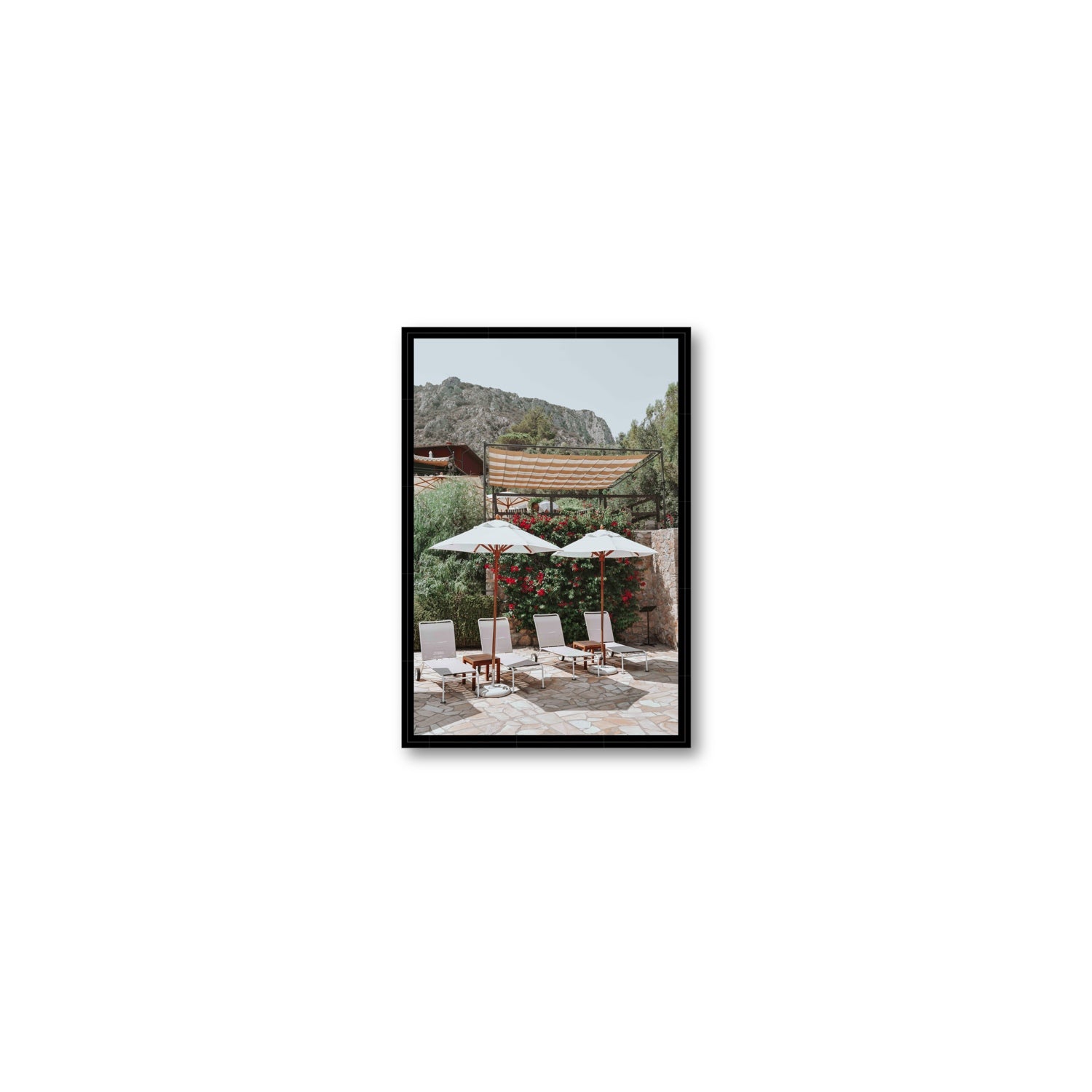 Shades of Leisure Tuscany coastal Italian wall art Small fine art canvas in black float frame