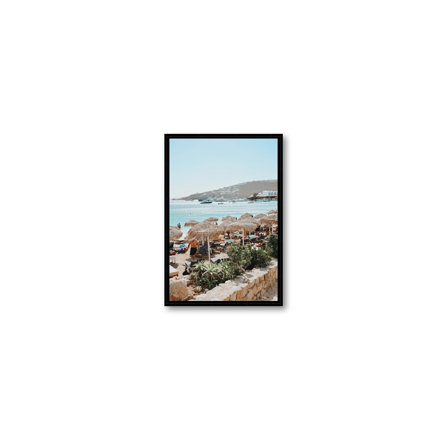 Beachside Huts Mykonos Greek island wall art Small fine art canvas in black float frame