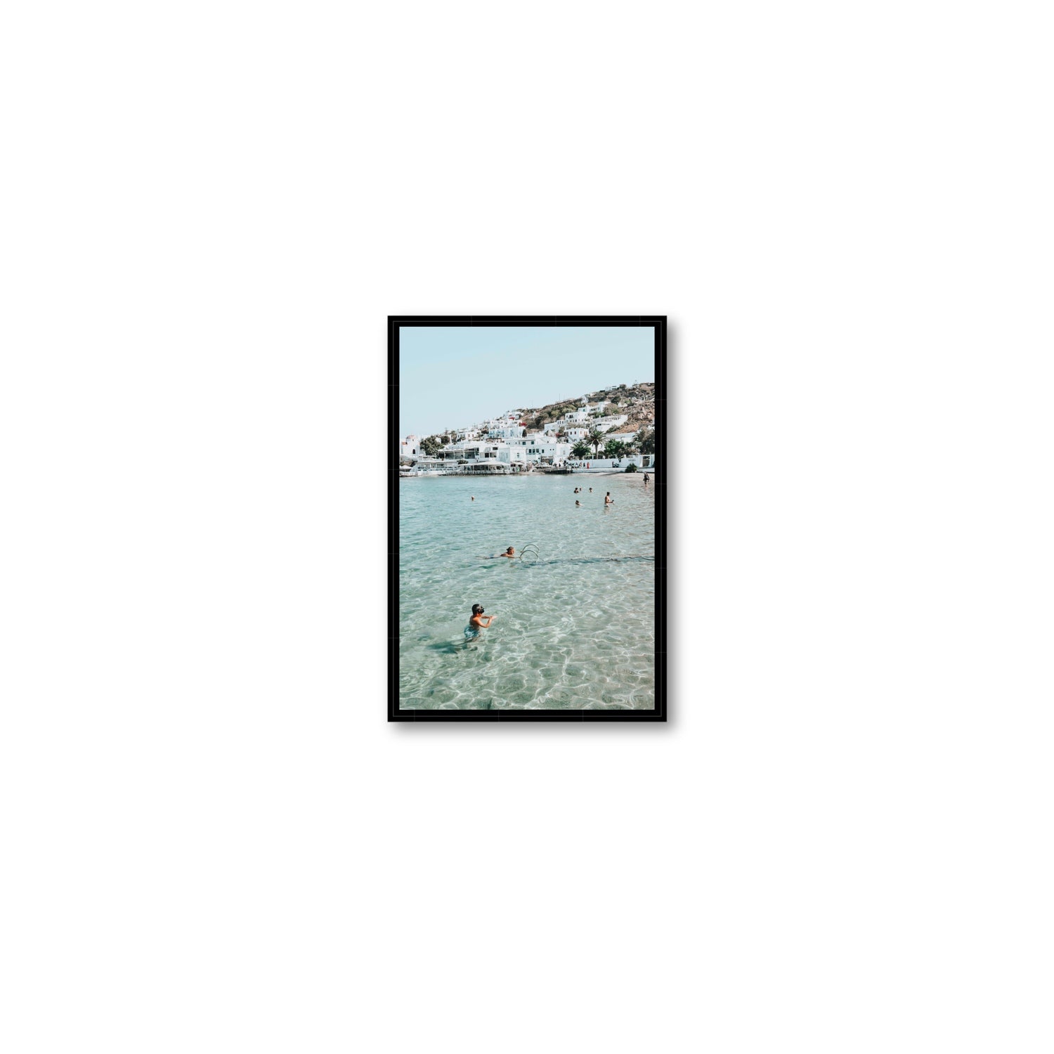 Beside The Seaside Mykonos beach Greek island wall art Small fine art canvas in black float frame