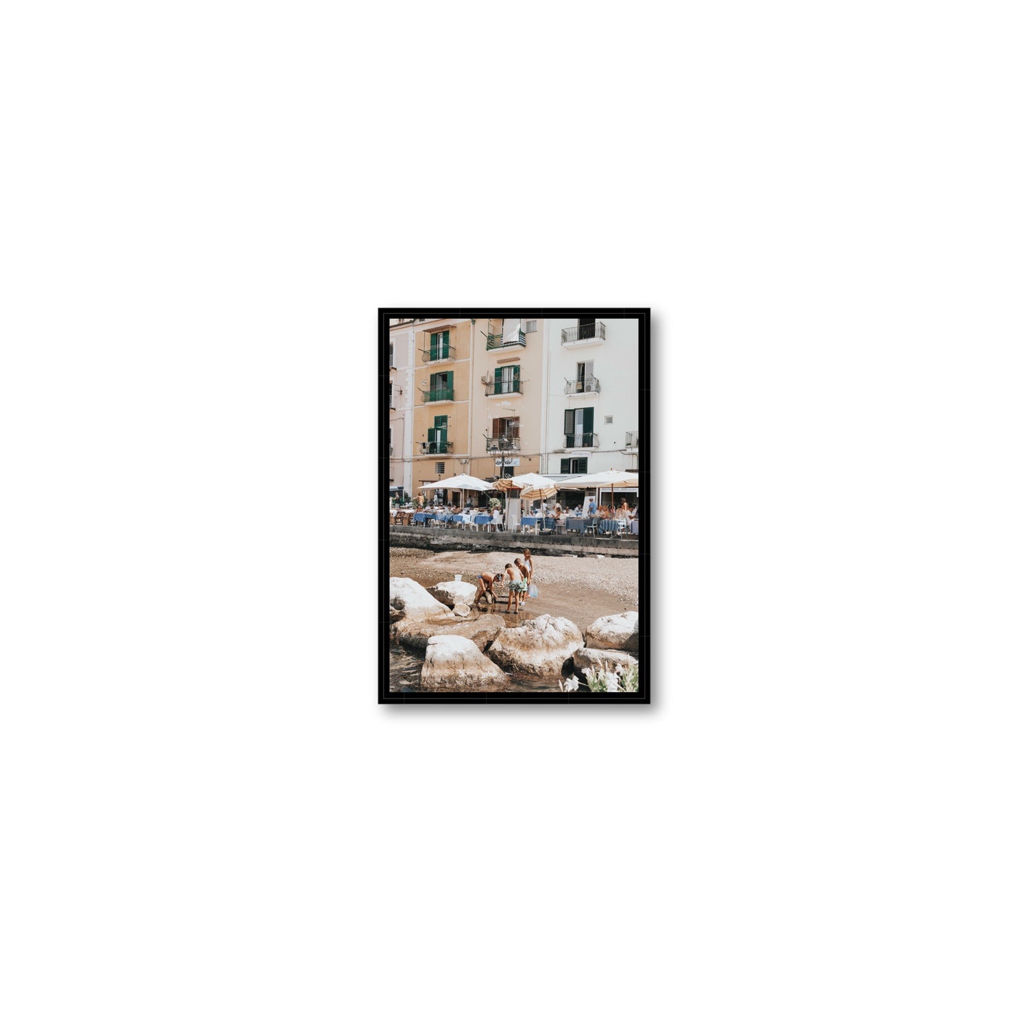 Sunny Playtime Sorrento coastal wall art Small fine art canvas in black float frame