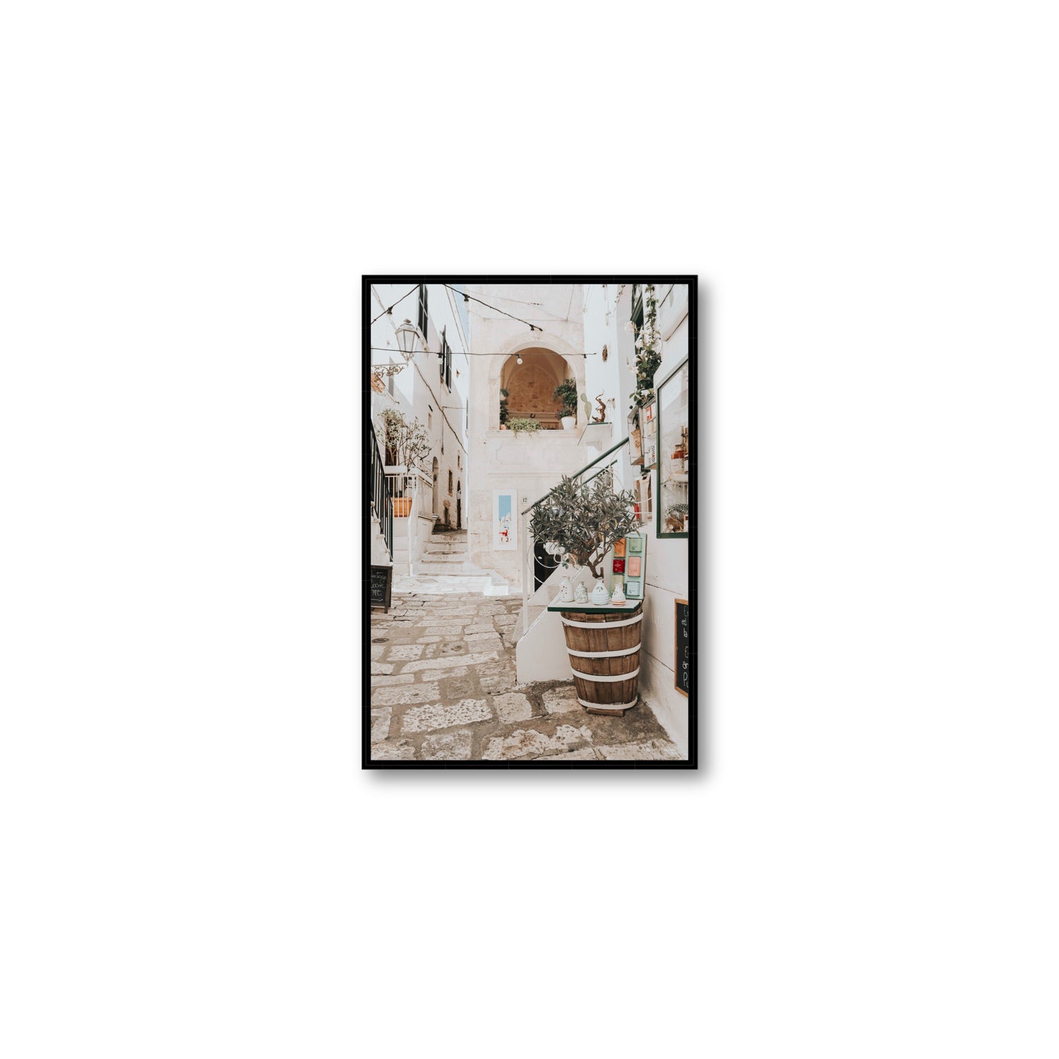 Olive Tree Lane Puglia Ostuni Mediterranean decor wall art Medium fine art canvas in black float frame