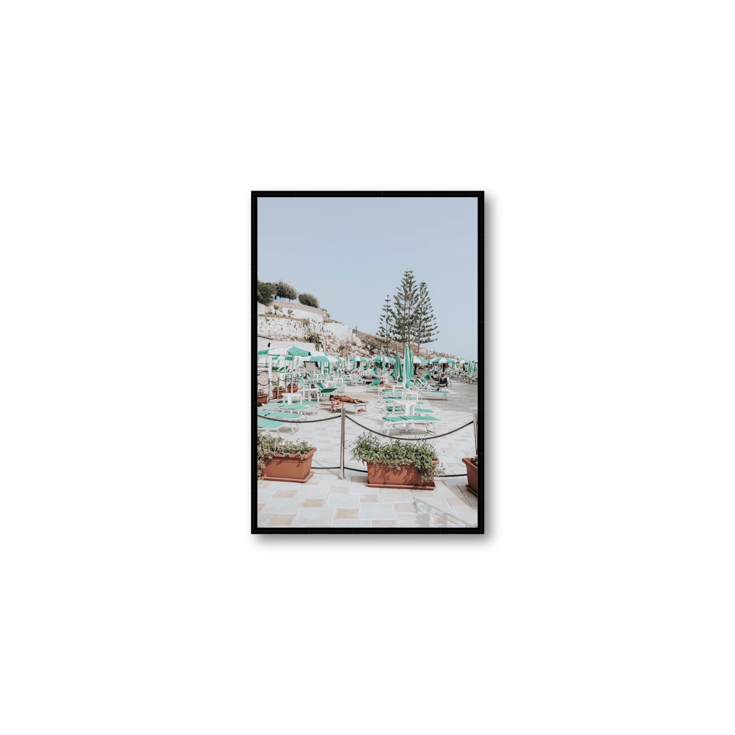 Siesta on The Terrace Puglia coastal wall art Medium fine art canvas in black float frame