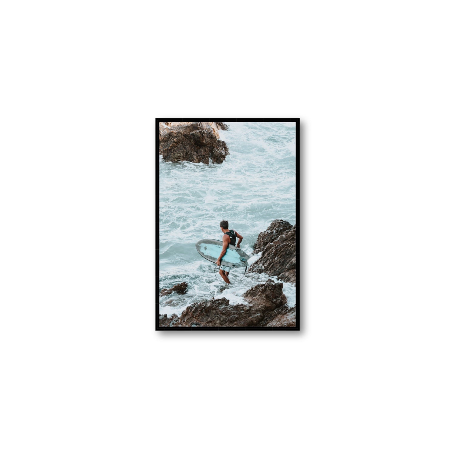 Into The Soup Byron Bay Surf coastal wall art Medium fine art canvas in black float frame