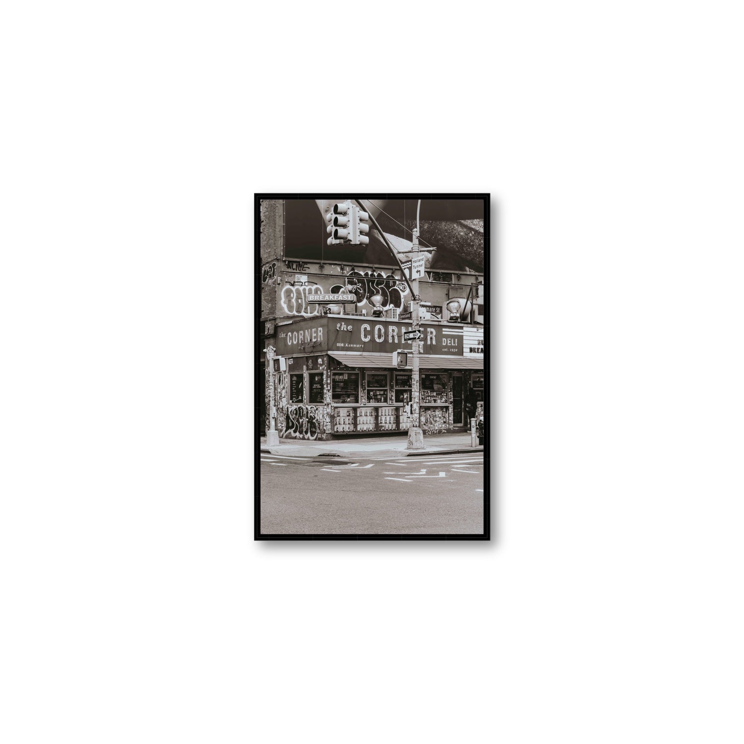 Soho Deli New York NYC Black & White wall art Medium fine art canvas in black float frame