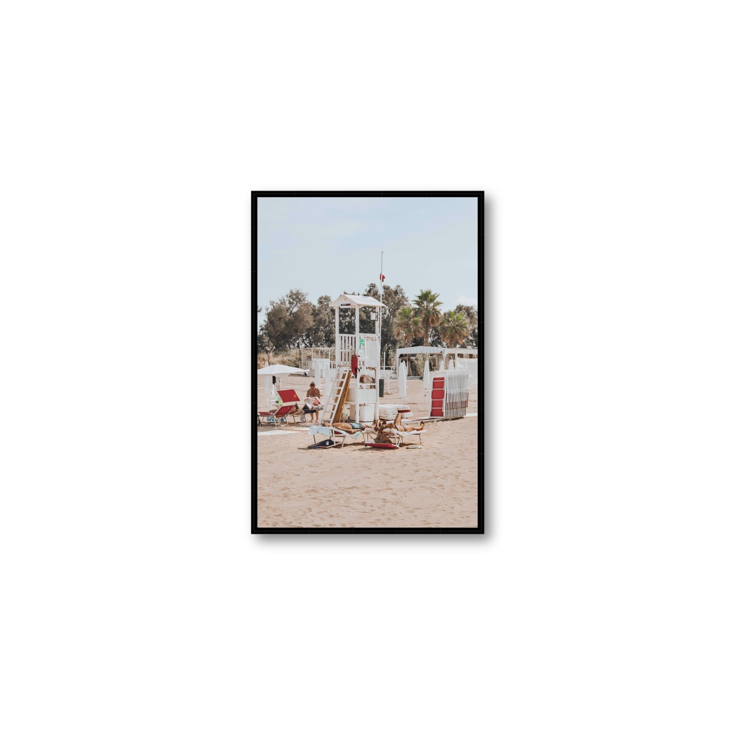 Red Lounge Reverie Puglia beach coastal wall art Medium fine art canvas in black float frame
