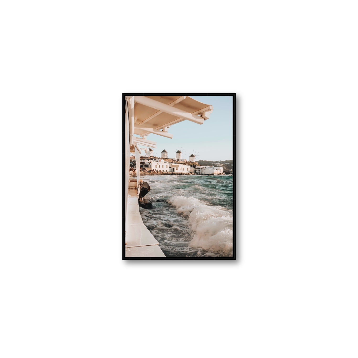 Windmills Mykonos Greek island wall art Medium fine art canvas in black float frame