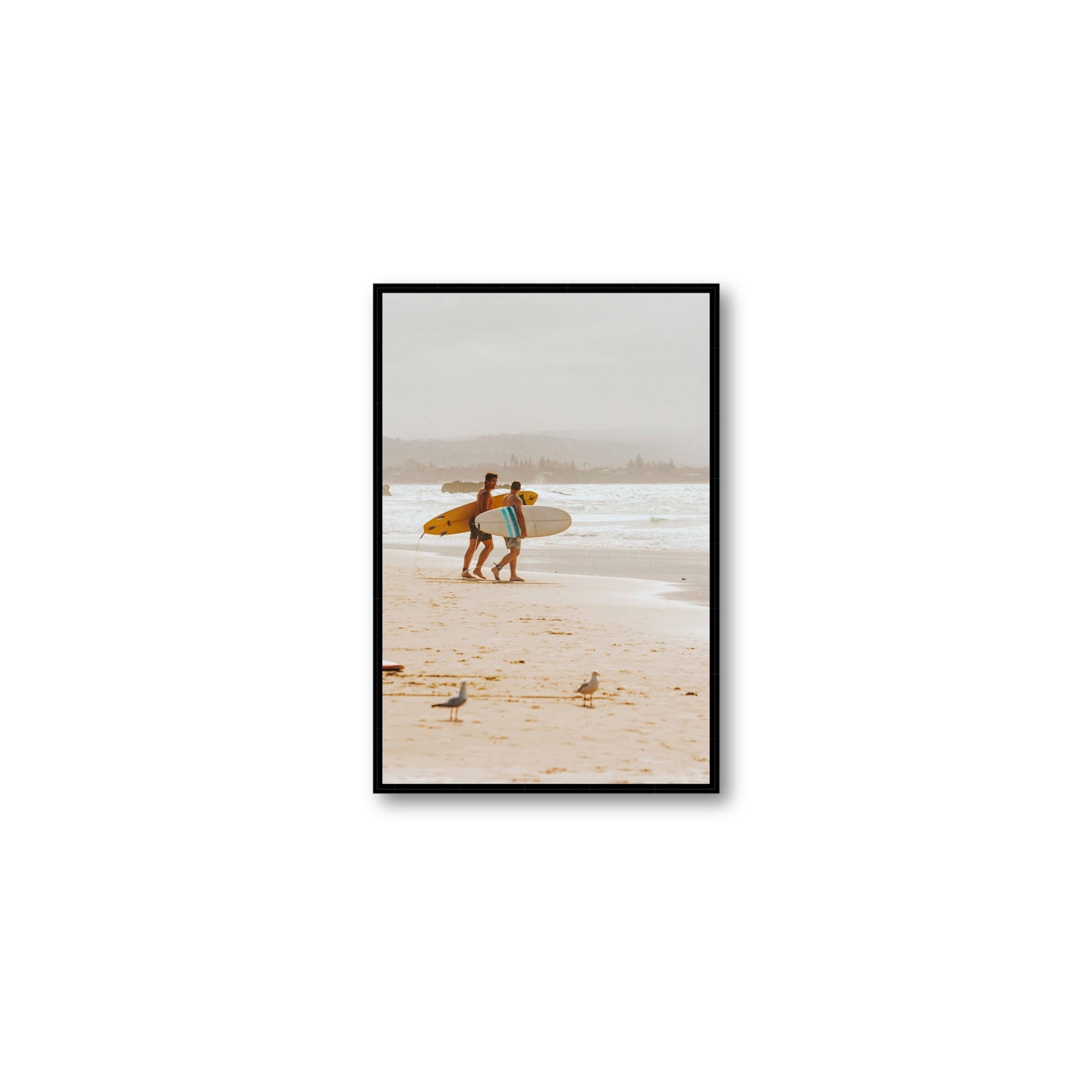 Shane & Benji Byron Bay Surf coastal wall art Medium fine art canvas in black float frame