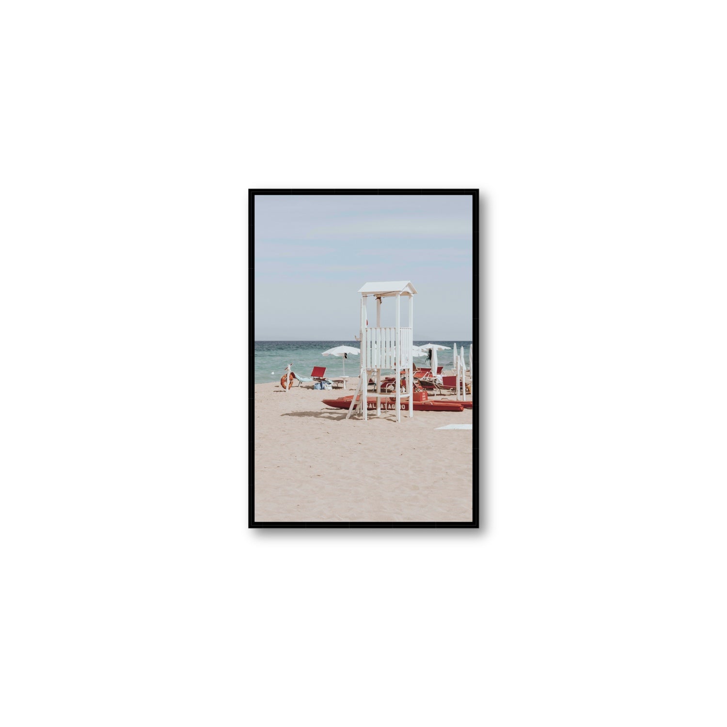 Barefoot Bliss Puglia beach Italian coastal decor wall art Medium fine art canvas in black float frame