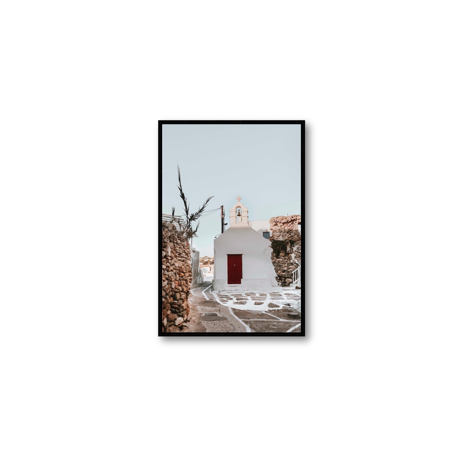 Little Chapel Mykonos Greek island wall art Medium fine art canvas in black float frame