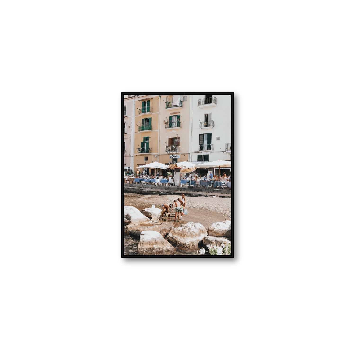 Sunny Playtime Sorrento coastal wall art Medium fine art canvas in black float frame
