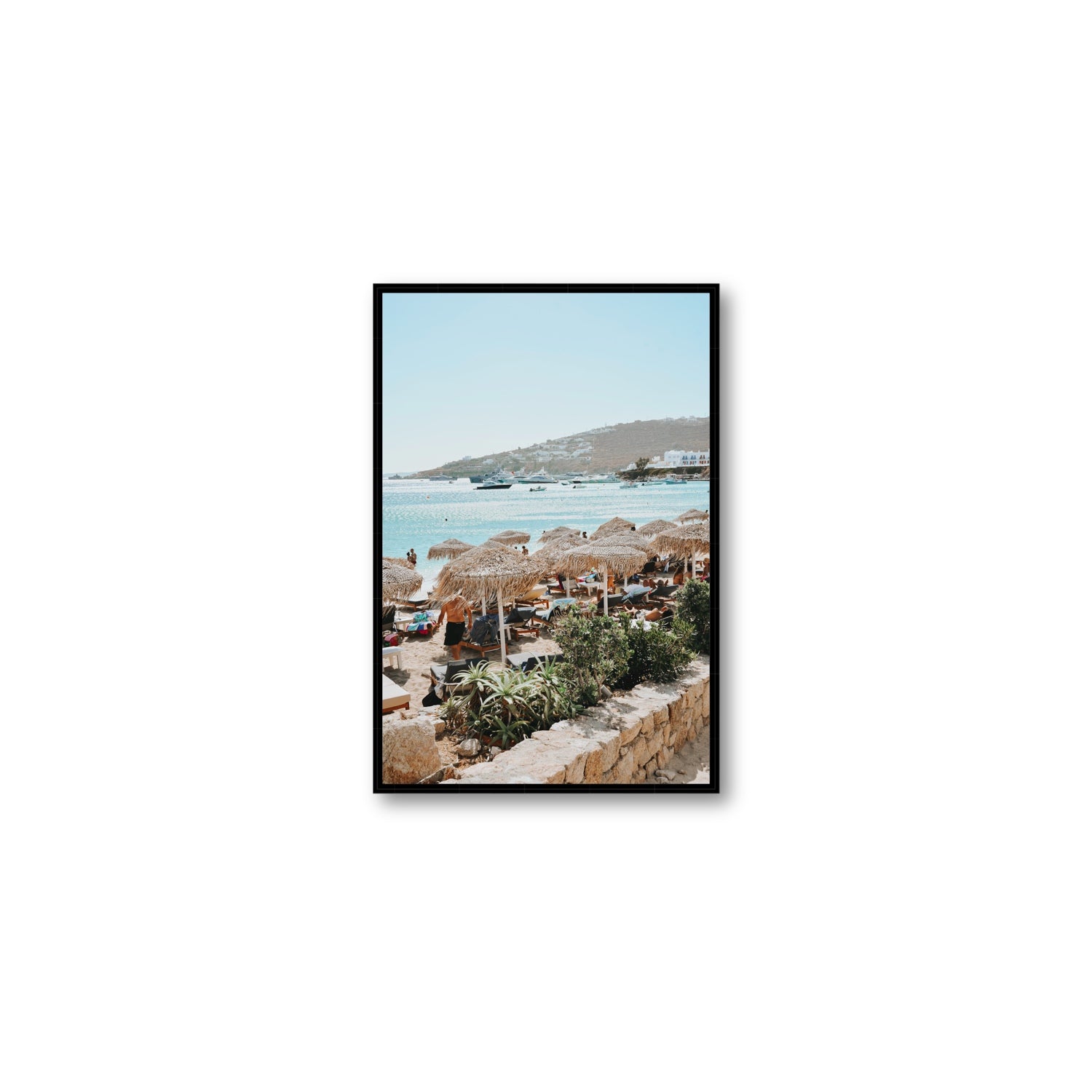 Beachside Huts Mykonos Greek island wall art Medium fine art canvas in black float frame