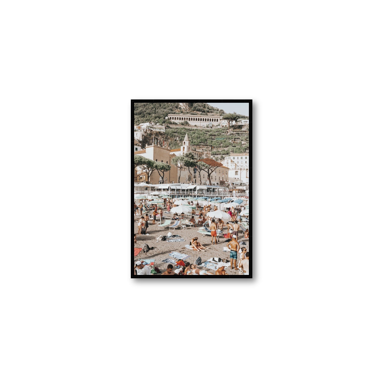 Festa In Spiaggia Amalfi coastal wall art Medium fine art canvas in black float frame