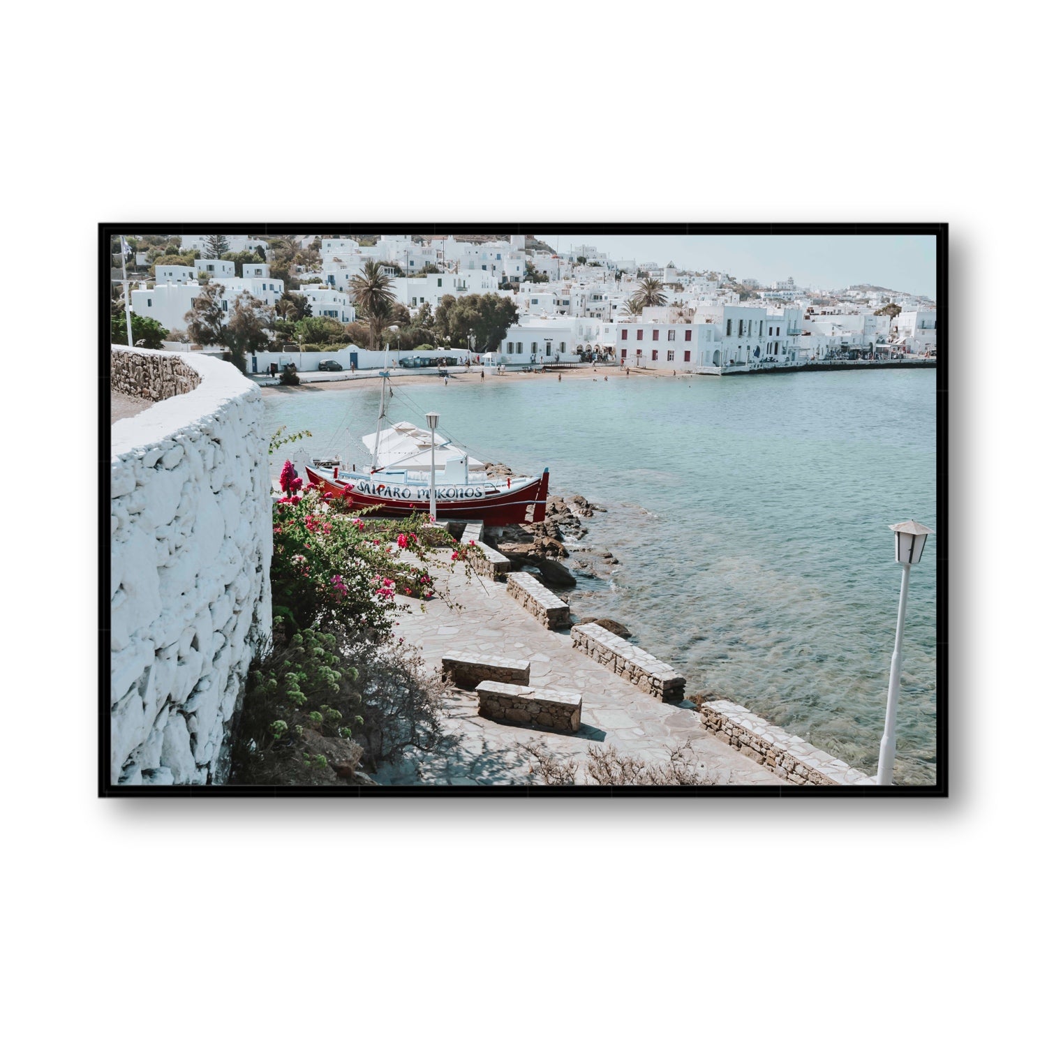 Harika Mykonos Greek island wall art Statement fine art canvas in black float frame