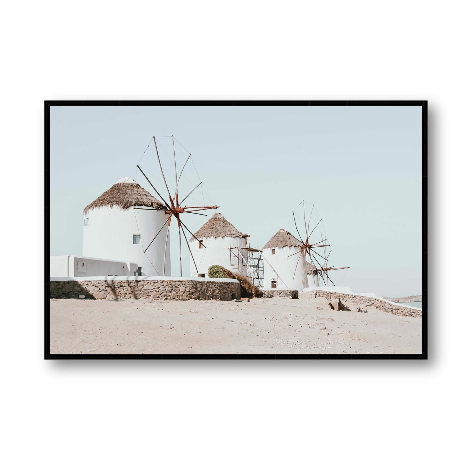 Rustic Icons Mykonos Greek island wall art Statement fine art canvas in black float frame