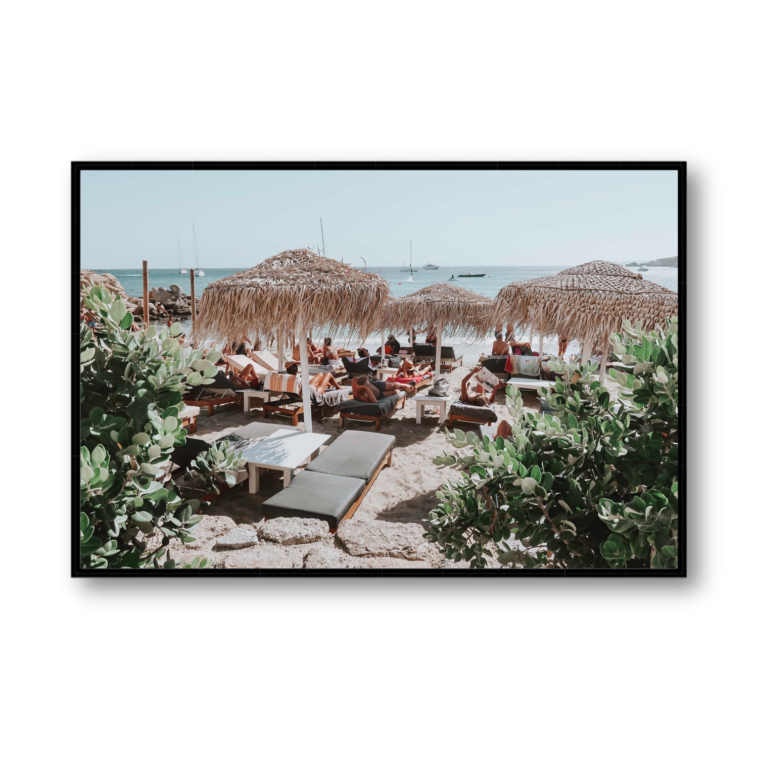 Greek Haven Mykonos Greek island coastal wall art Statement fine art canvas in black float frame