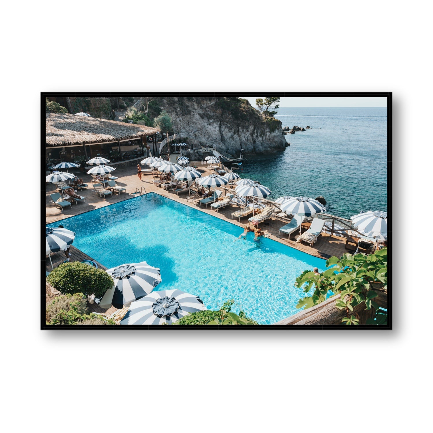 Oceanview Ischia Italian coastal wall art Statement fine art canvas in black float frame