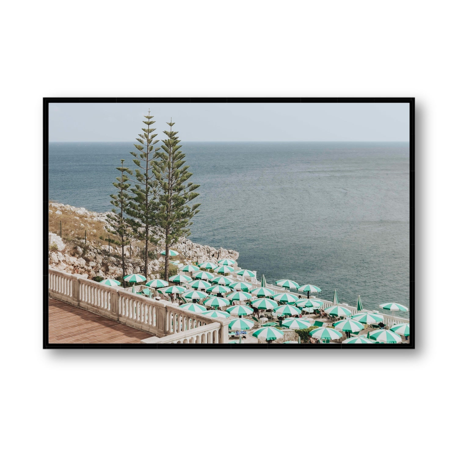 Azure Horizon Puglia beach coastal wall art Statement fine art canvas in black float frame