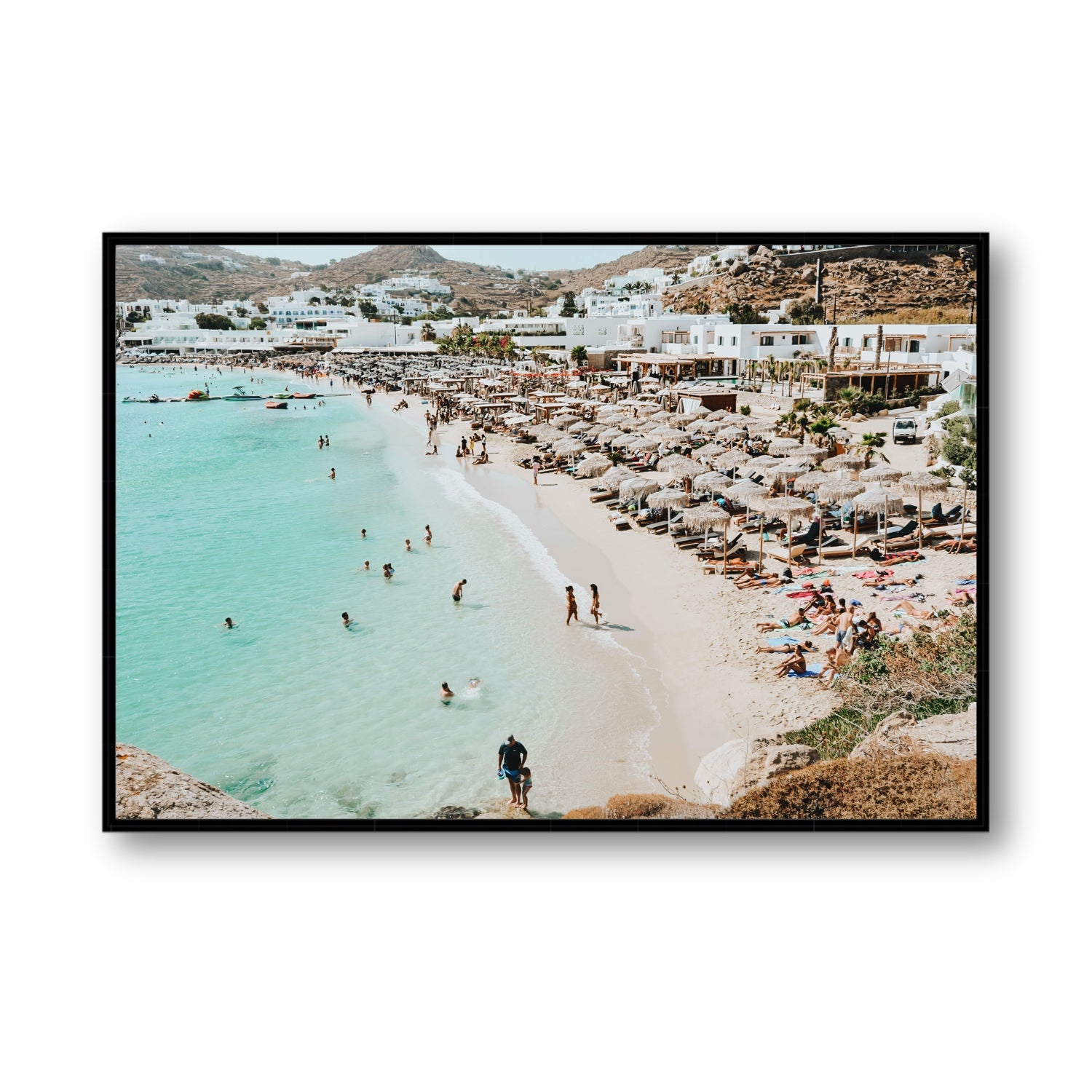 Aquaholic Mykonos Greek island wall art Statement fine art canvas in black float frame