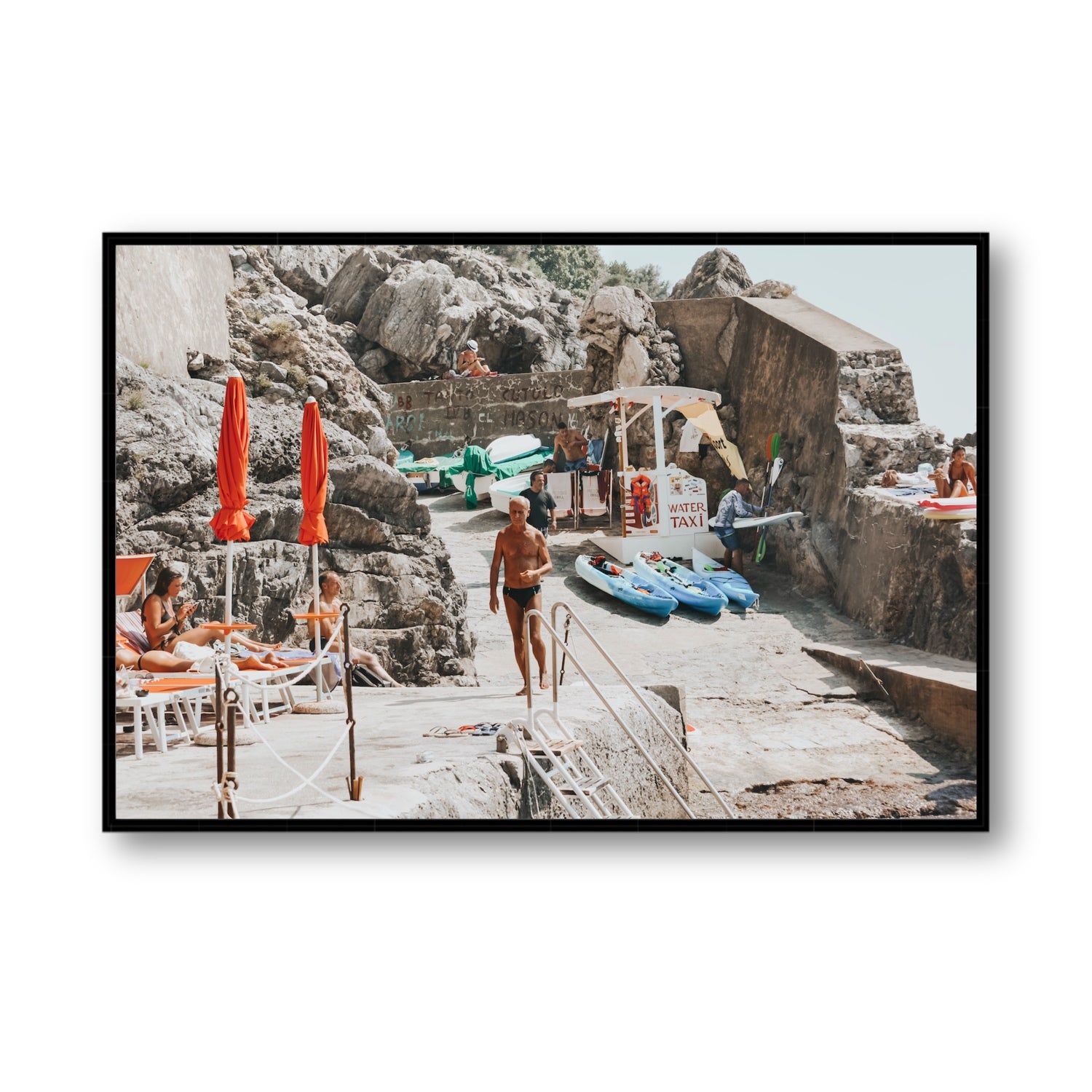 The Local Praiano Amalfi Coast Mediterranean wall art Statement fine art canvas in black float frame