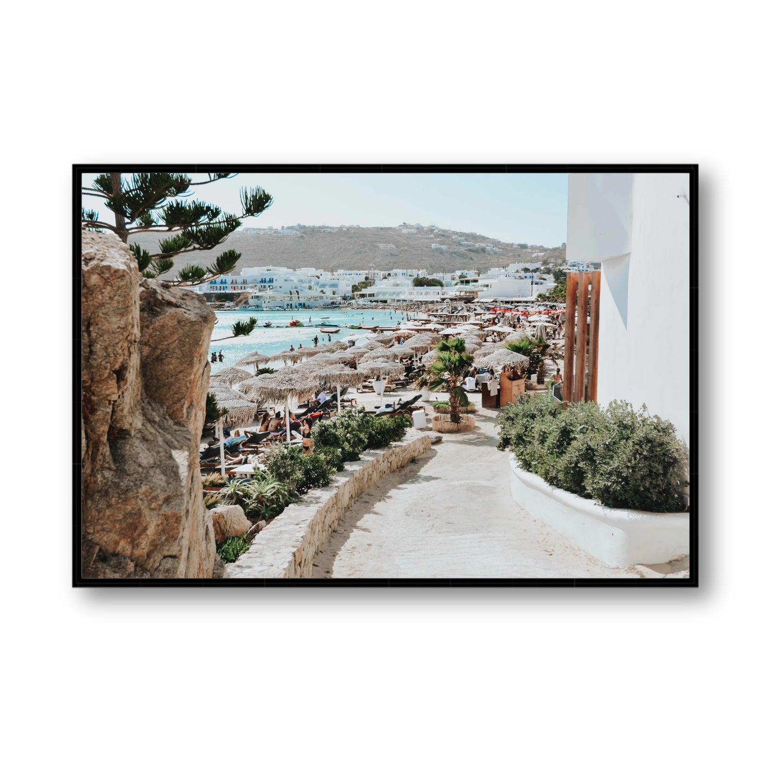 Kalimera Mykonos Greek island wall art Statement fine art canvas in black float frame