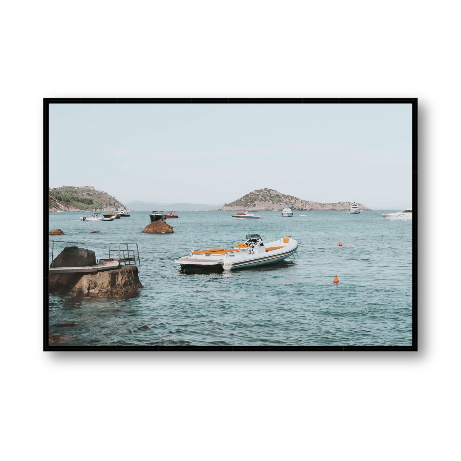 The Azure Sea Tuscany coastal Italian wall art Statement fine art canvas in black float frame