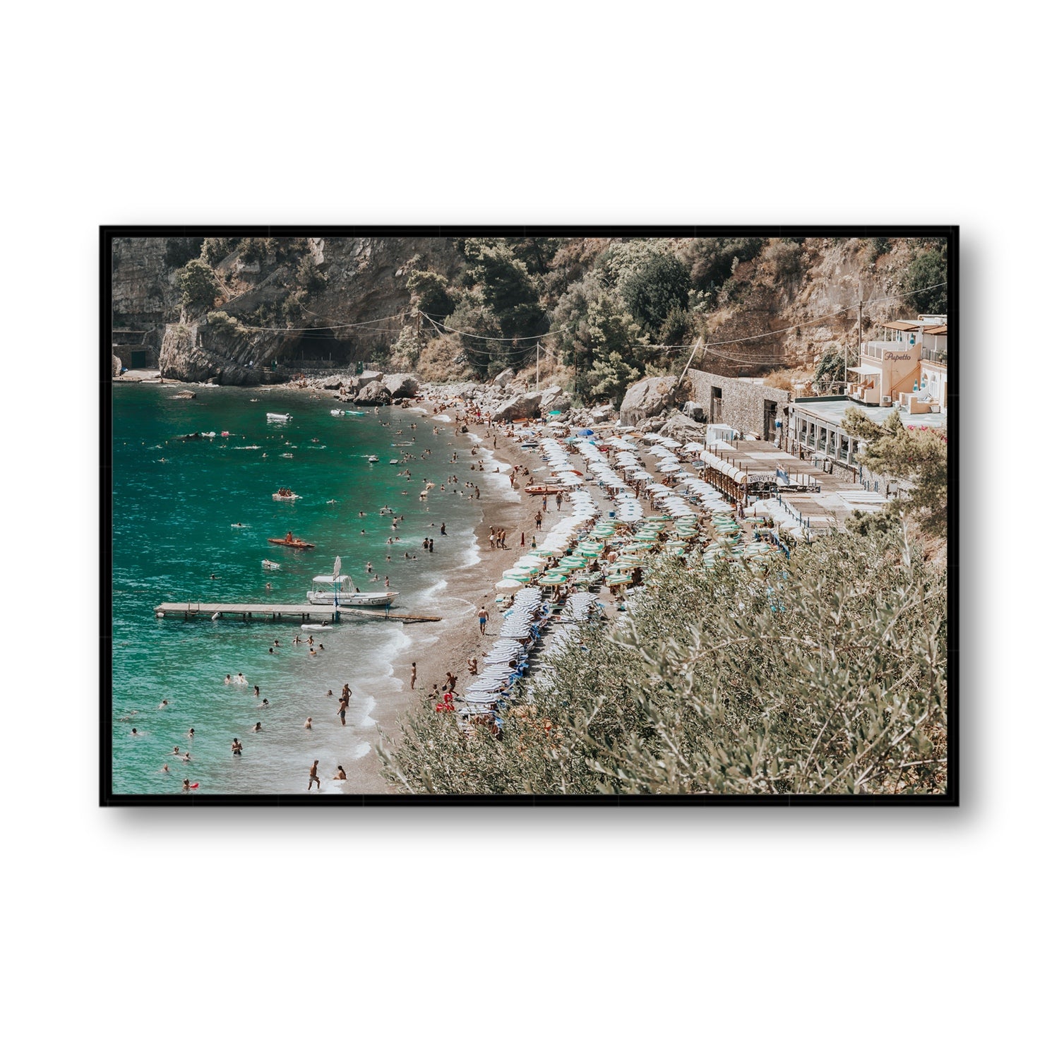 Fornillo Beach fine art print, Positano, Italy, Statement, Black Float Frame, Fine Art Canvas