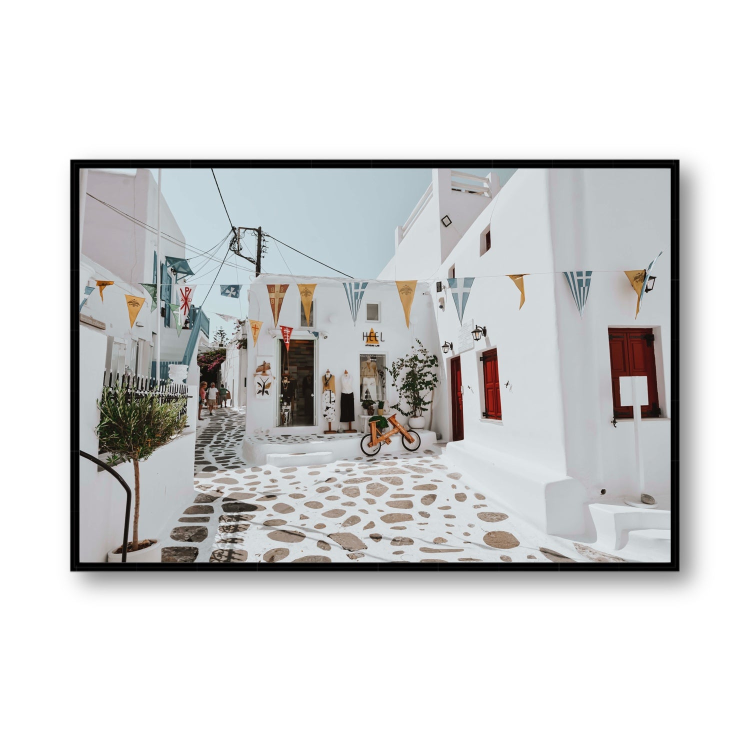Cruising The Streets Mykonos Greek island wall art Statement fine art canvas in black float frame