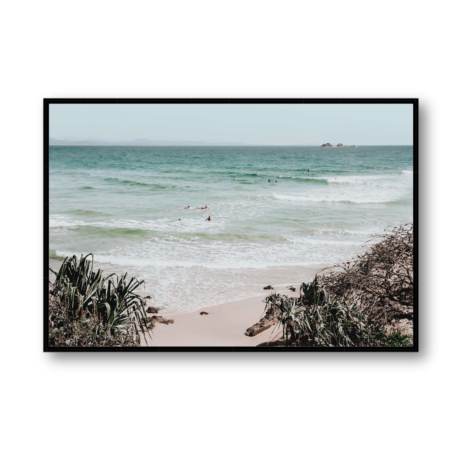 Surf City Byron Bay Surf coastal wall art Statement fine art canvas in black float frame