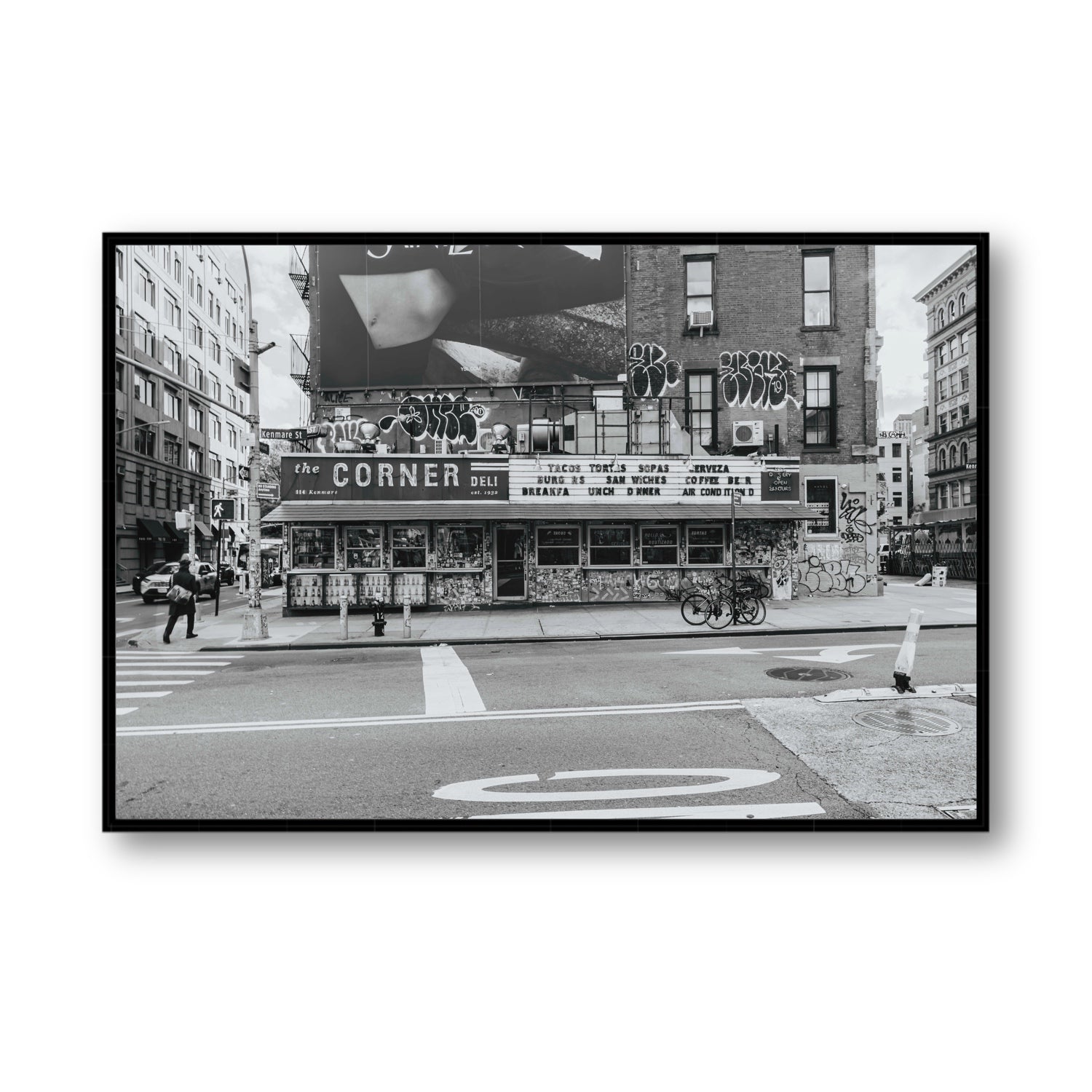 Kenmare Street New York NYC Black & White wall art Statement fine art canvas in black float frame