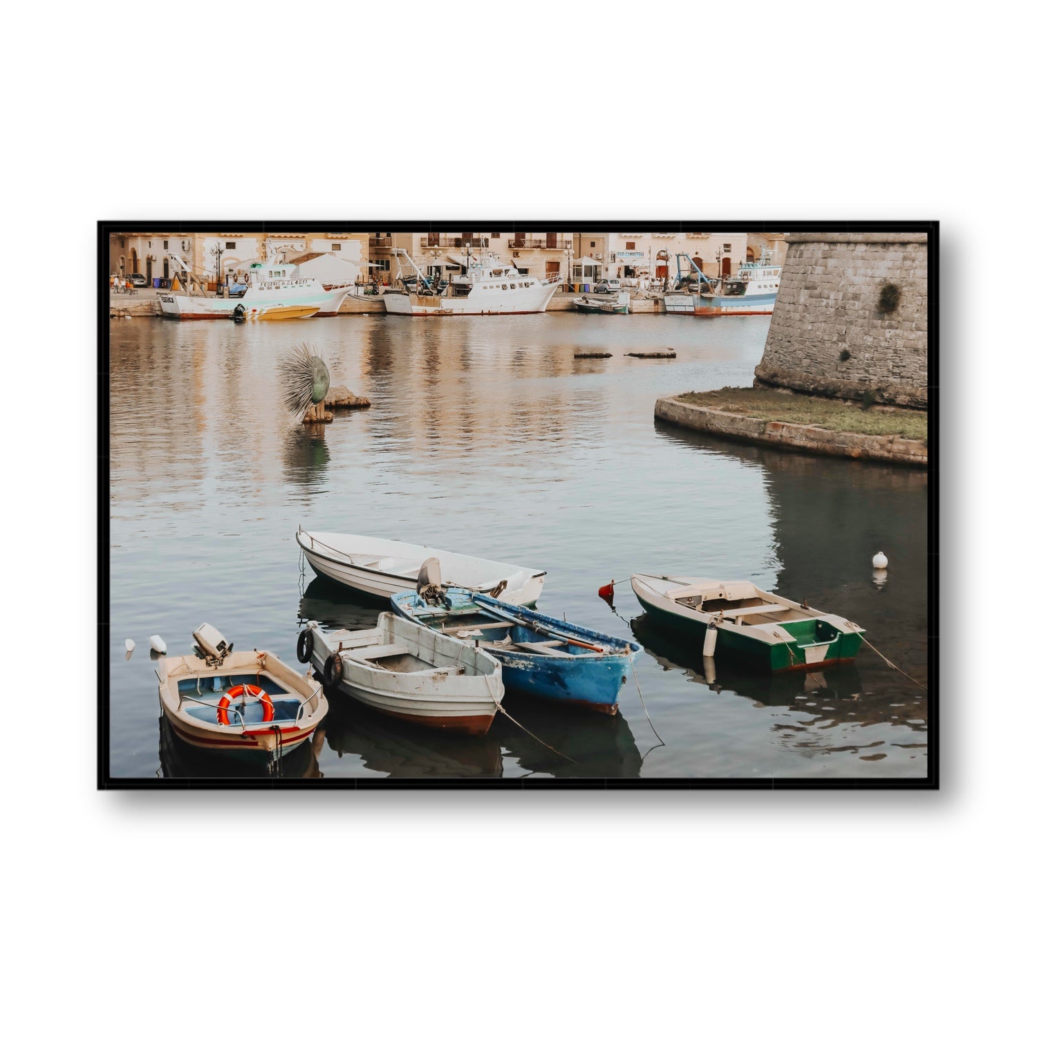 Cinque Barche Puglia Gallipoli Italian art print Statement fine art canvas in black float frame