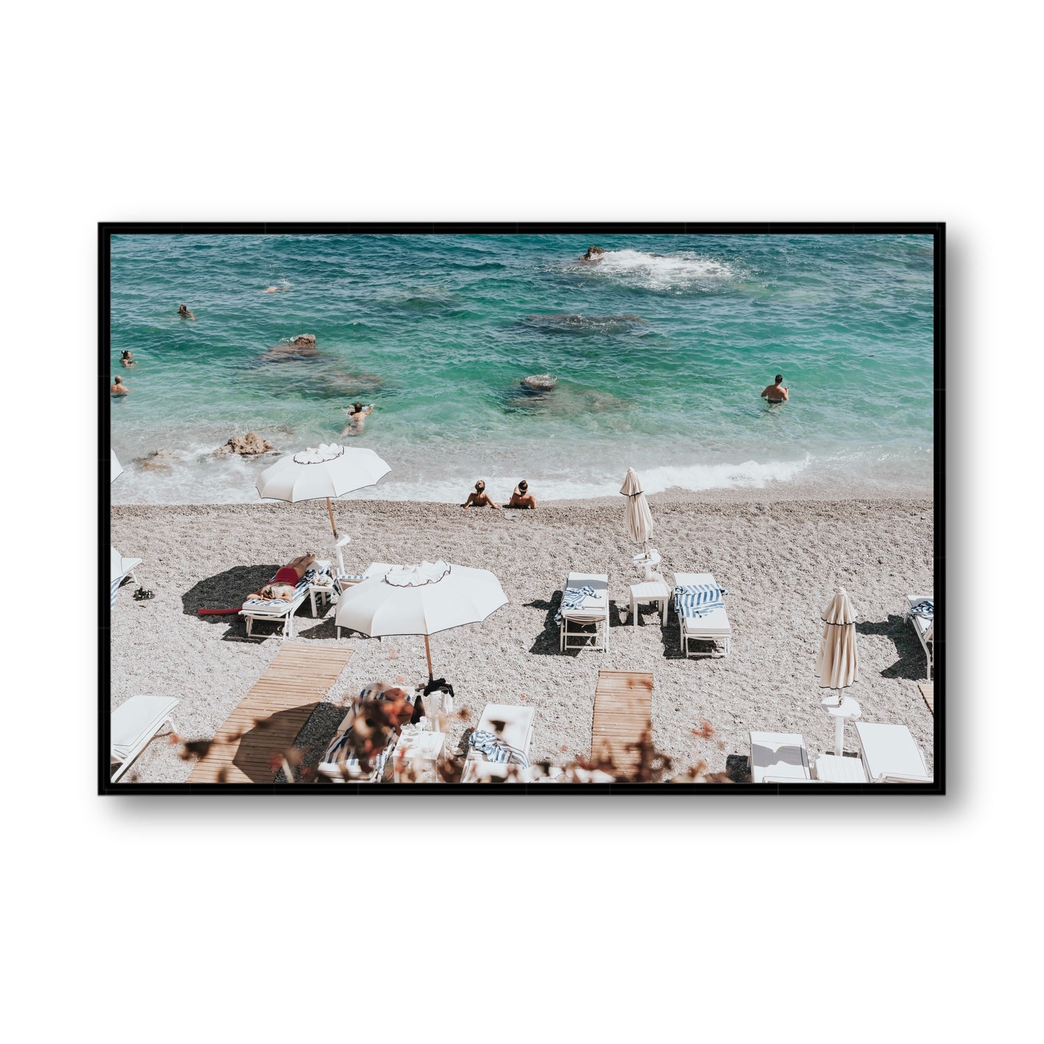 Amicizia Amalfi Italian beach wall art Statement fine art canvas in black float frame