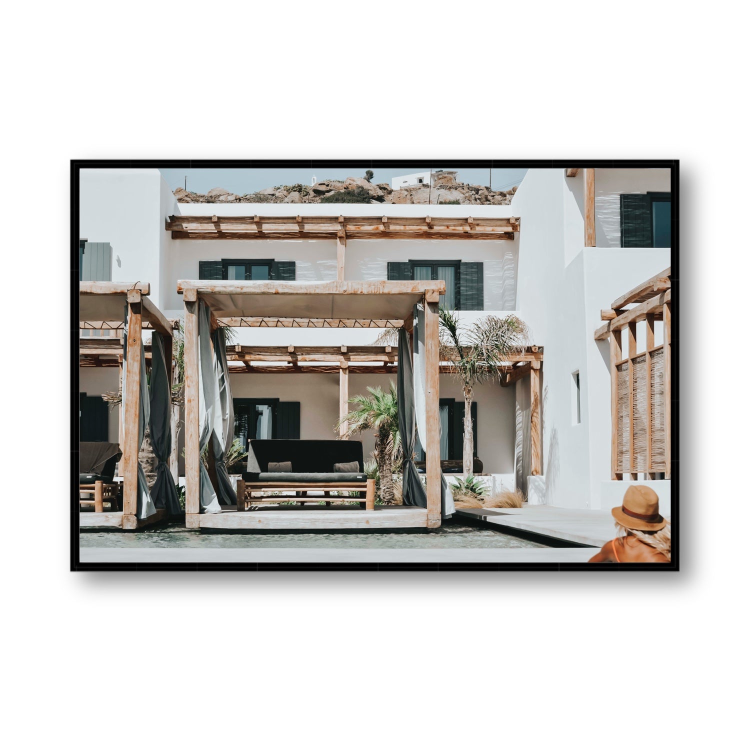 Dream Villa fine art print, Mykonos, Greece, Statement, Black Float Frame, Fine Art Canvas