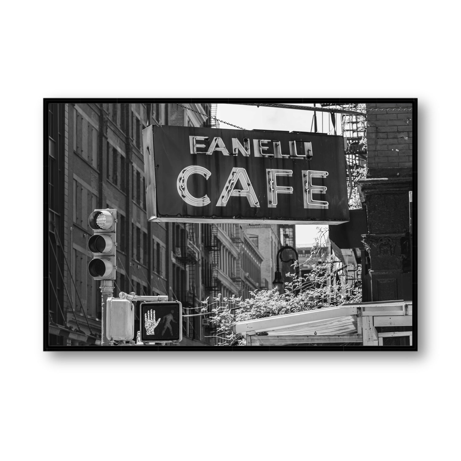 Soho Neon New York NYC Black & White wall art Statement fine art canvas in black float frame