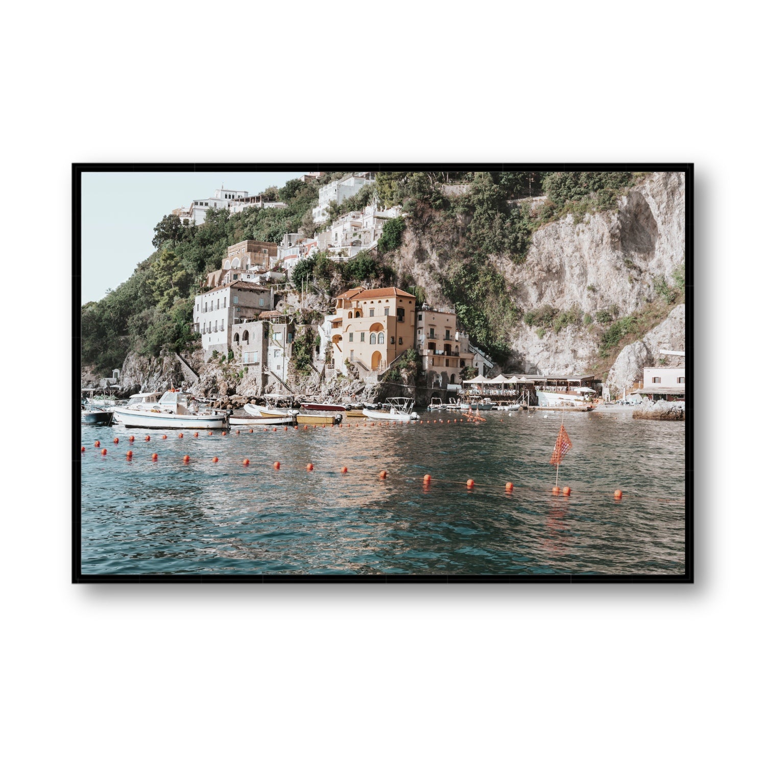 Amalfi Villas fine art print, Amalfi, Italy, coastal scenes artwork, Statement, Black Float Frame, Fine Art Canvas