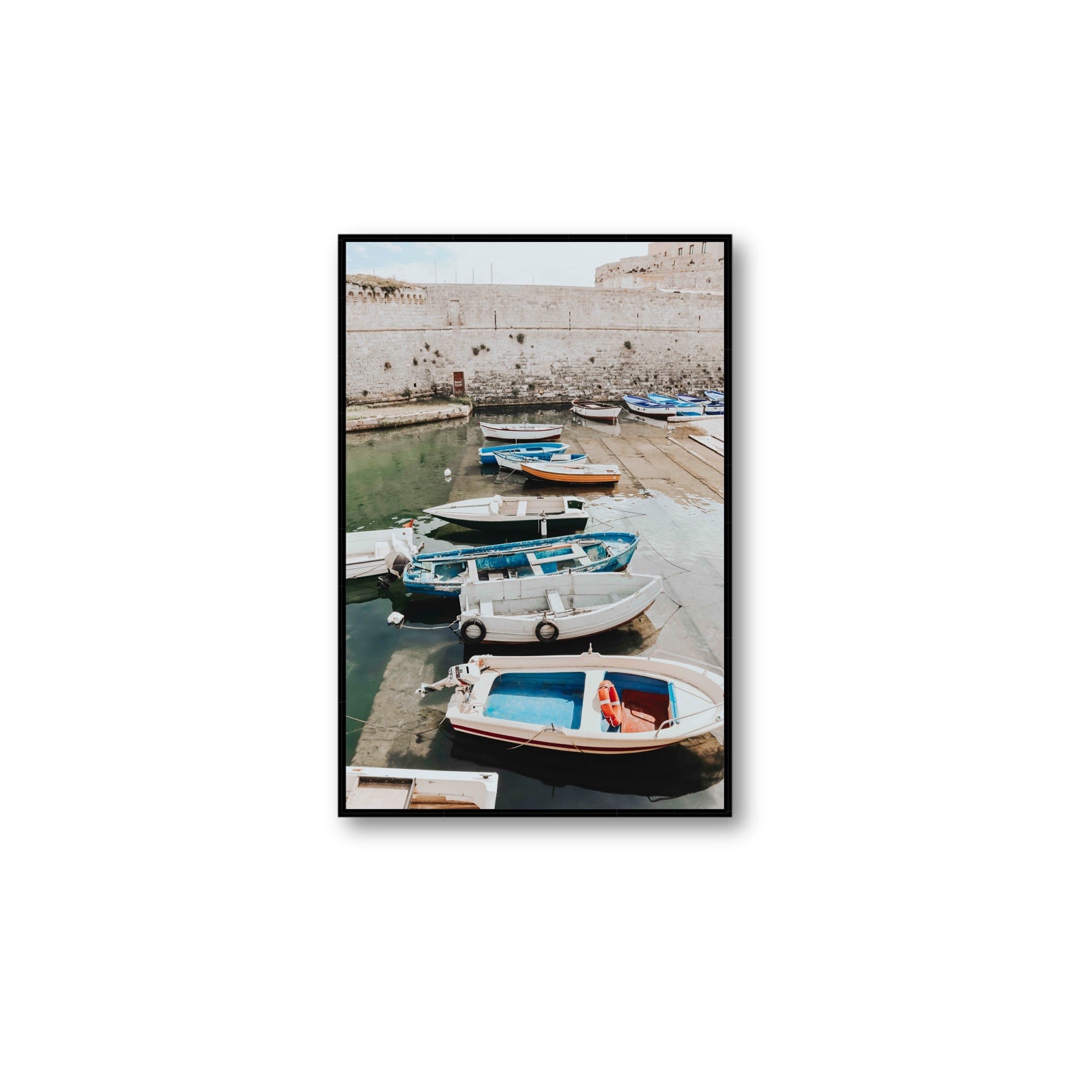 Harbour Palette Puglia coastal photography wall art Large fine art canvas in black float frame