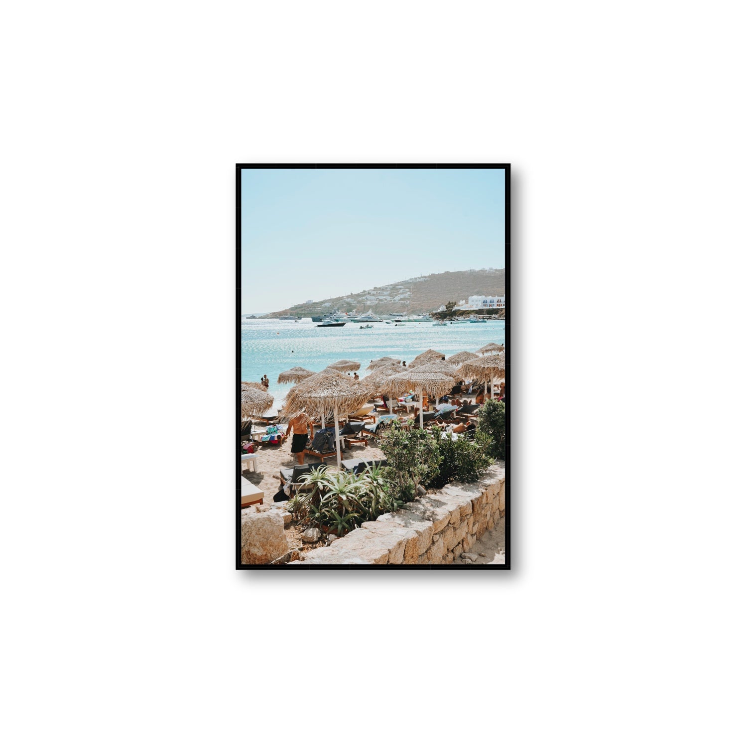Beachside Huts Mykonos Greek island wall art Large fine art canvas in black float frame