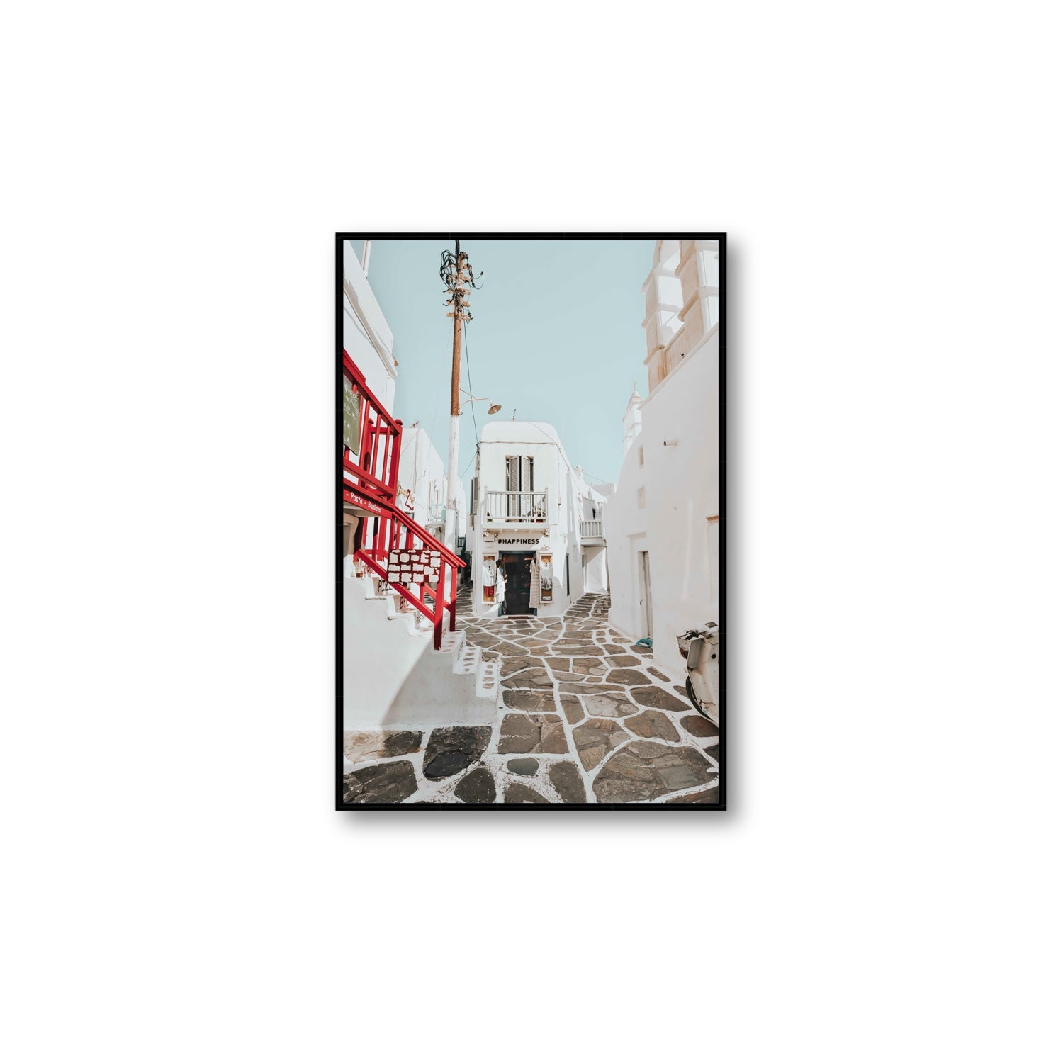 Happiness Mykonos Greek island wall art Large fine art canvas in black float frame
