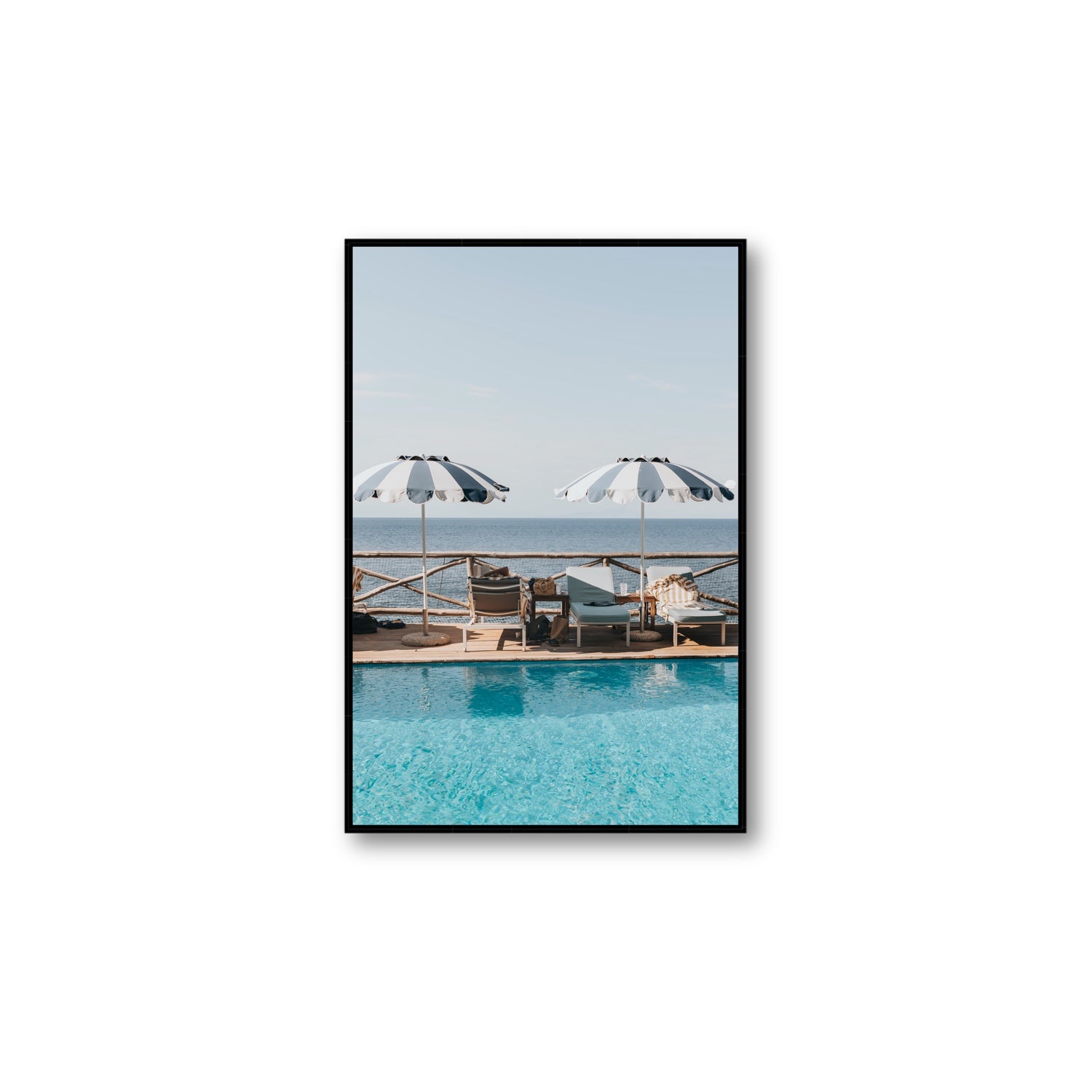 Beach Retreat fine art print, Ischia, Italy, european beach clubs artwork, Large, Black Float Frame, Fine Art Canvas