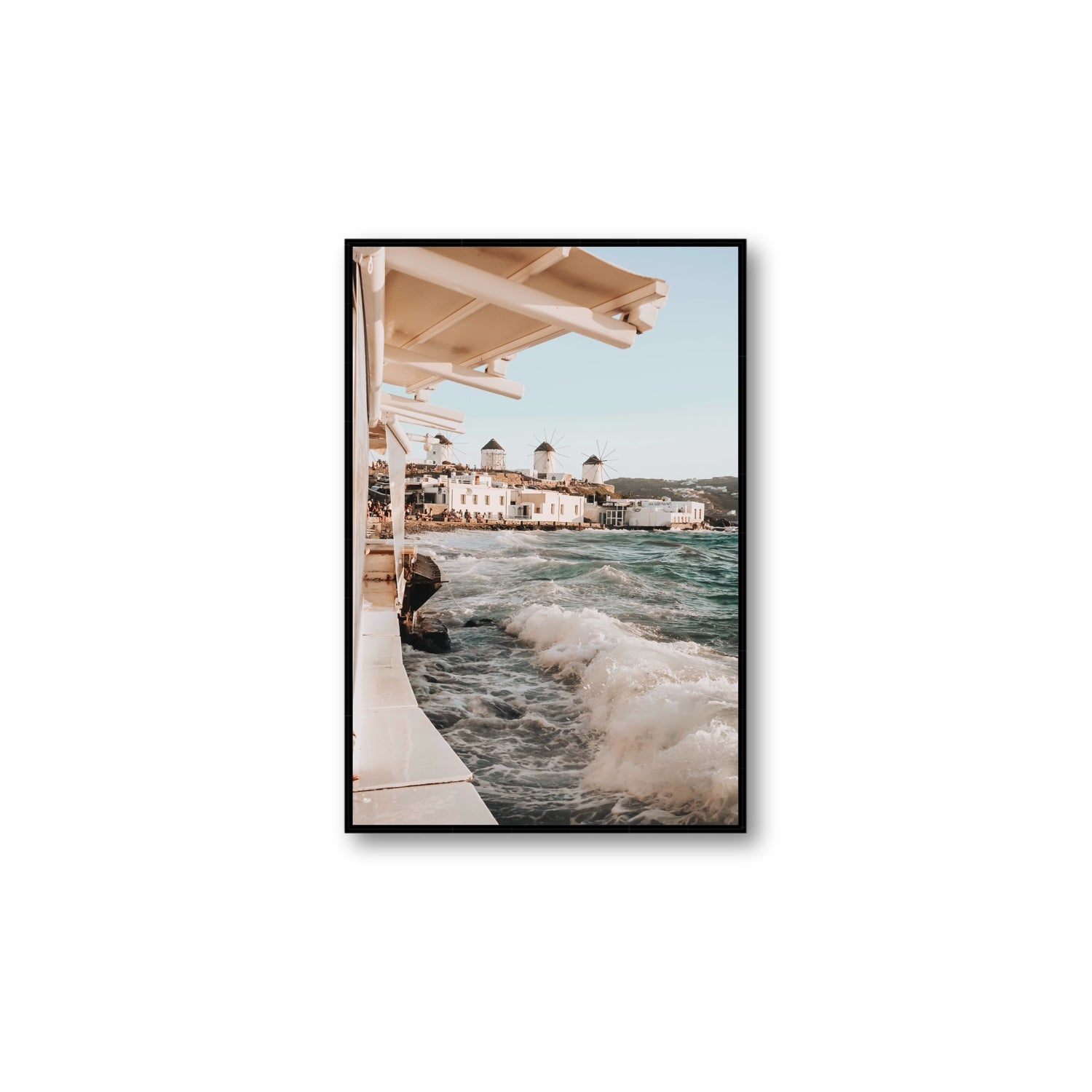 Windmills Mykonos Greek island wall art Large fine art canvas in black float frame