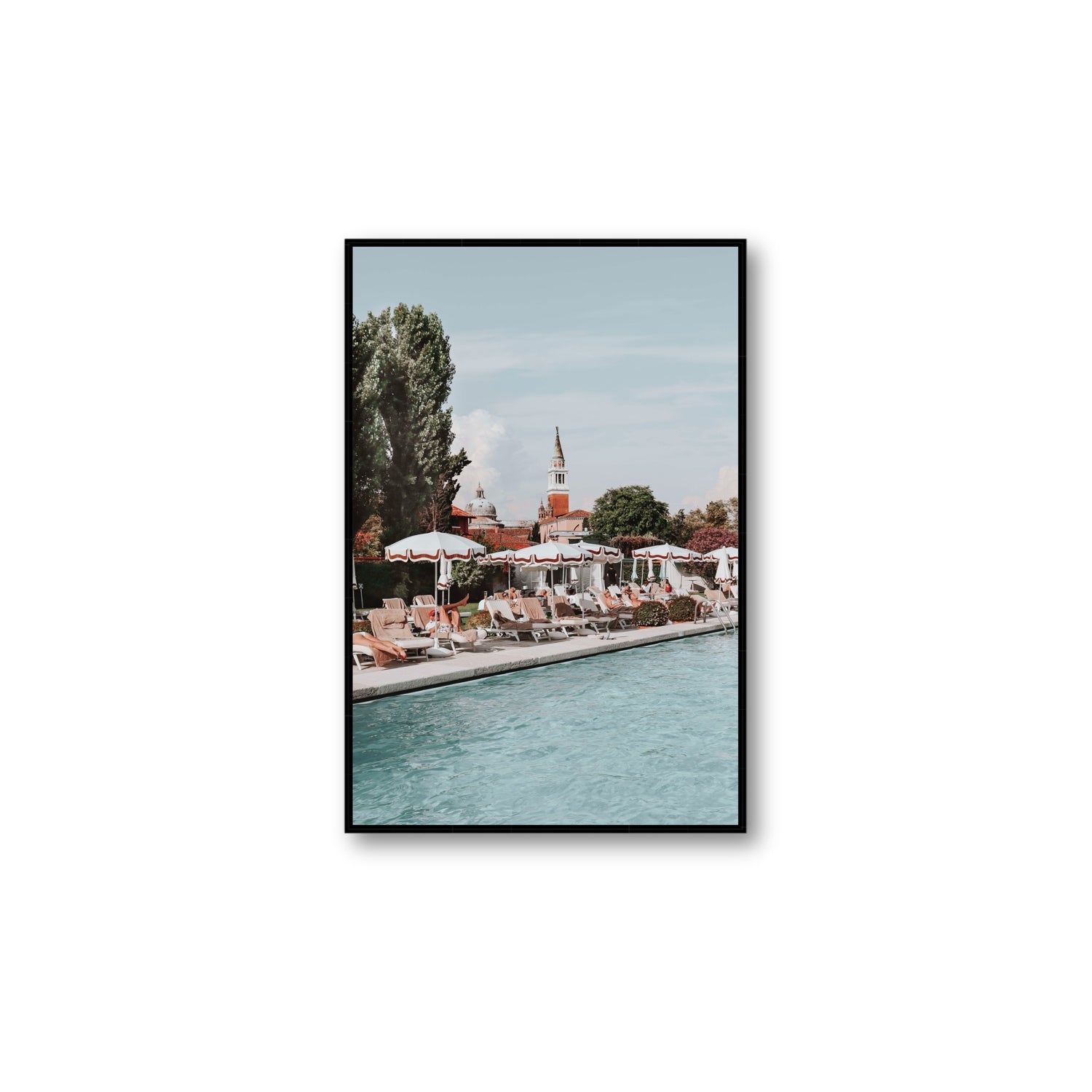 Poolside Perch Venice Italian wall art Large fine art canvas in black float frame