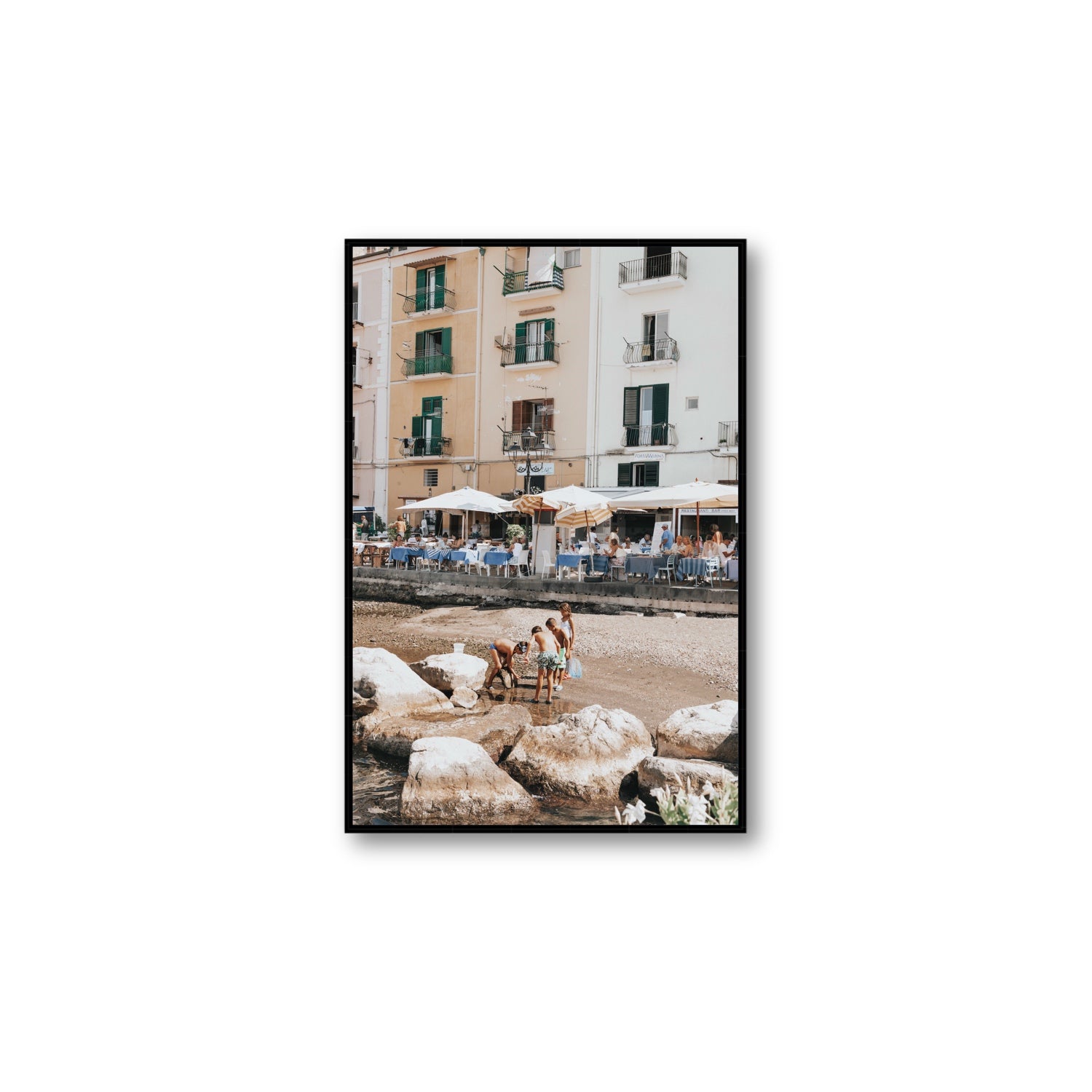 Sunny Playtime Sorrento coastal wall art Large fine art canvas in black float frame