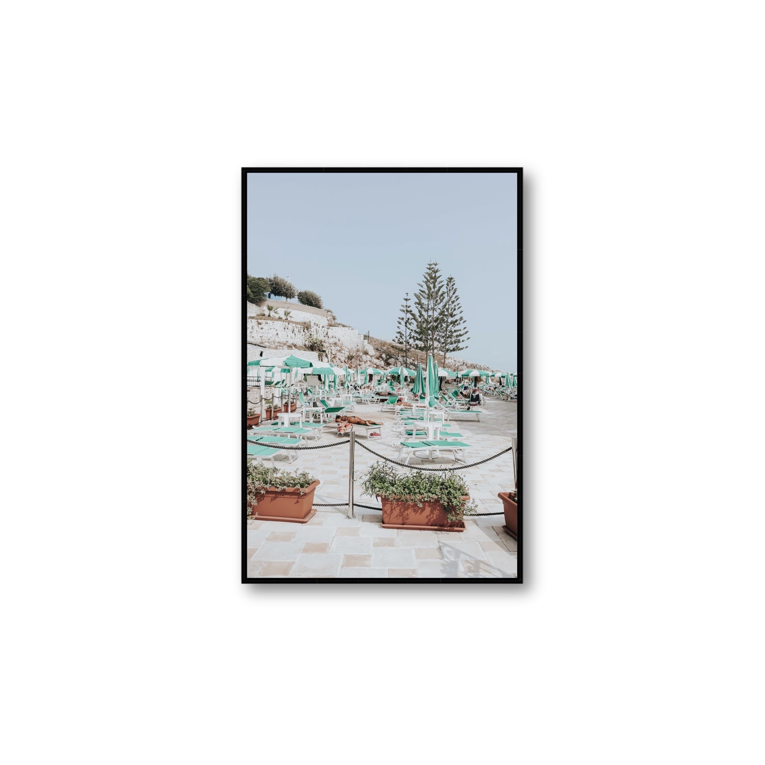 Siesta on The Terrace Puglia coastal wall art Large fine art canvas in black float frame