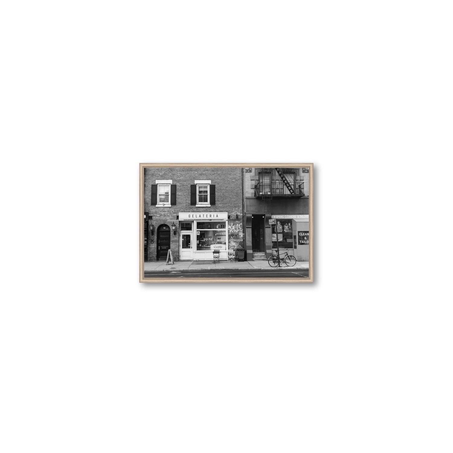 West Village Dolcezza New York NYC Black & White wall art Small fine art canvas in natural oak float frame